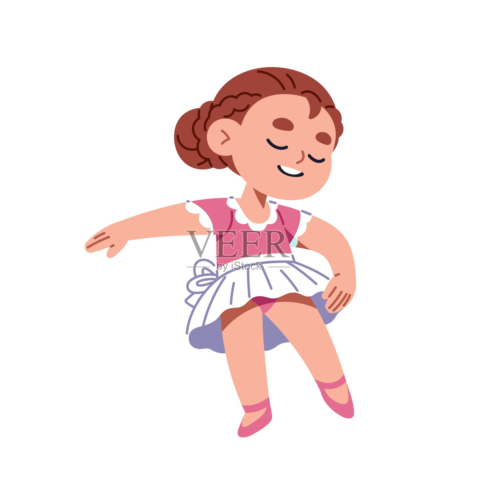 可爱的小女孩芭蕾舞者穿着舞裙表演、舞动。小舞者在舞蹈室学习姿势和动作。快乐的孩子穿着服装跳芭蕾舞。白色背景上的平面插图。插画图片素材