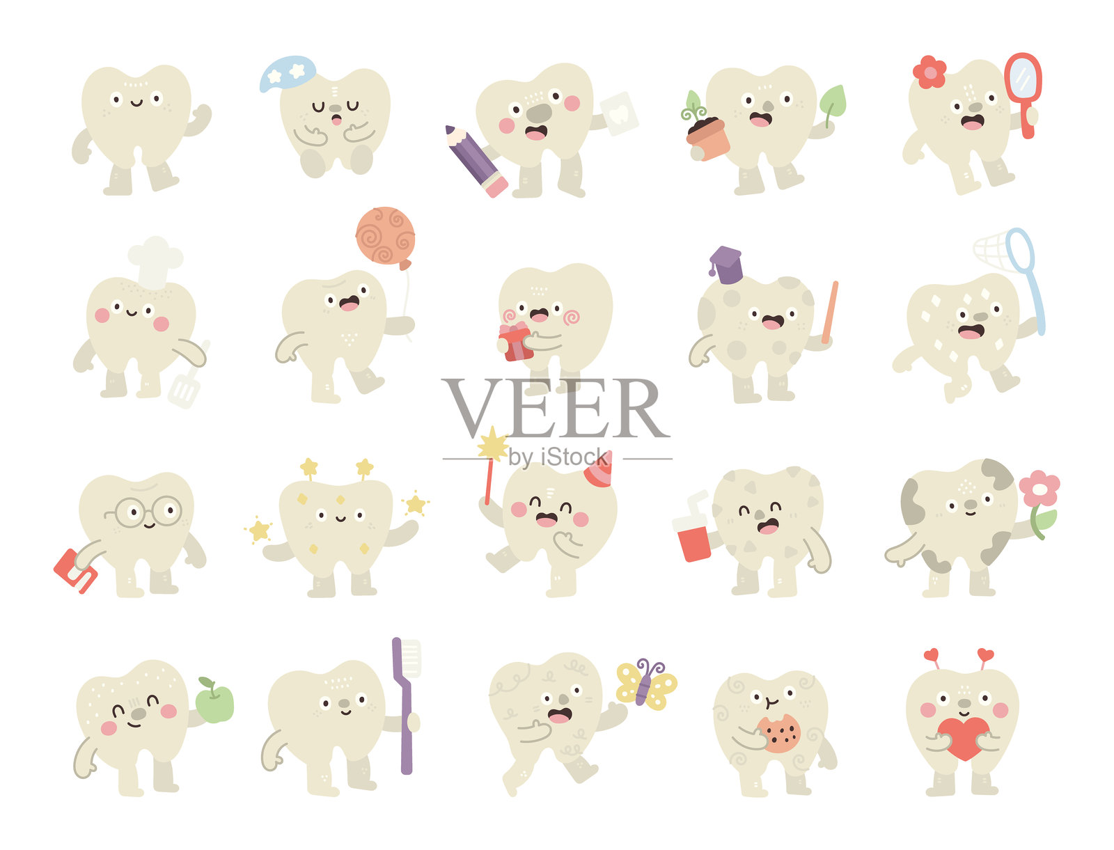 斯堪的纳维亚风格的牙齿角色，展示不同的情感和姿势，包括假日、庆祝、书籍、教育、健康、食物、饮料、情人节、花朵、饼干。插画图片素材