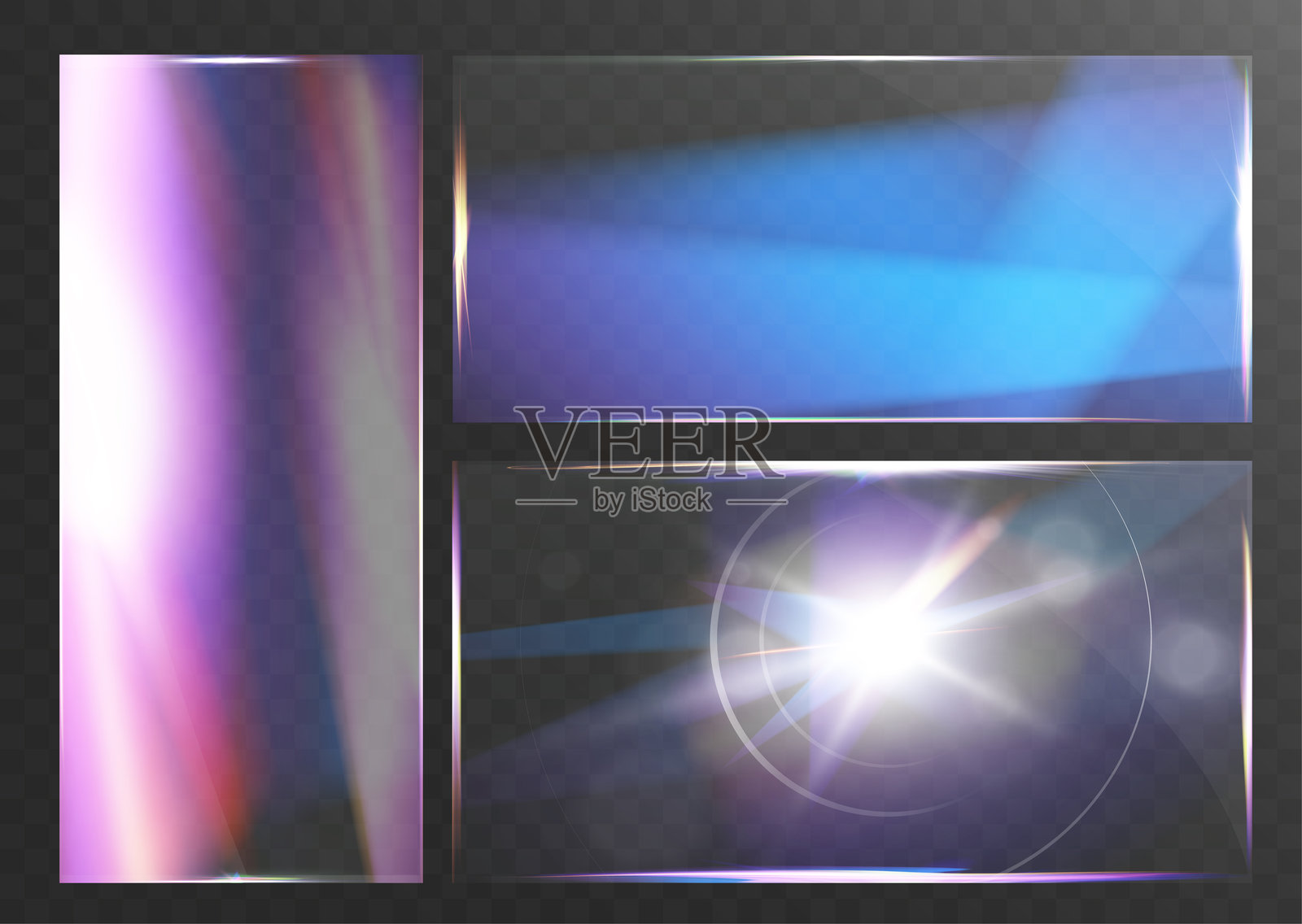 彩色抽象光线镜头光晕叠加效果的玻璃海报模板模型，渐变全息纹理，发光棱镜反射，闪亮梦幻的玻璃形态背景。插画图片素材