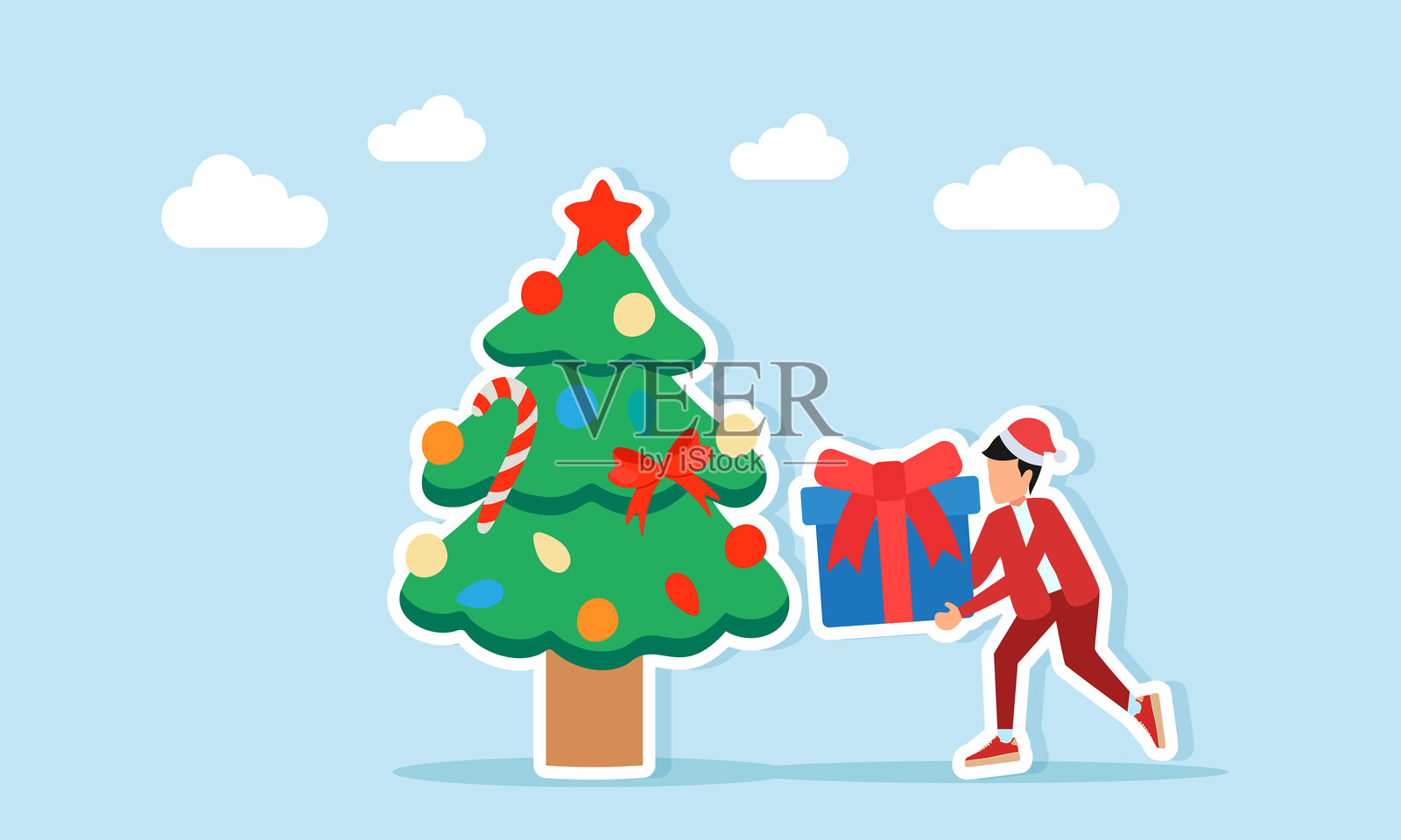 穿着红色服装、戴着圣诞帽的男人在圣诞树旁拿着礼物，表达对圣诞庆祝活动的感激之情的插图插画图片素材