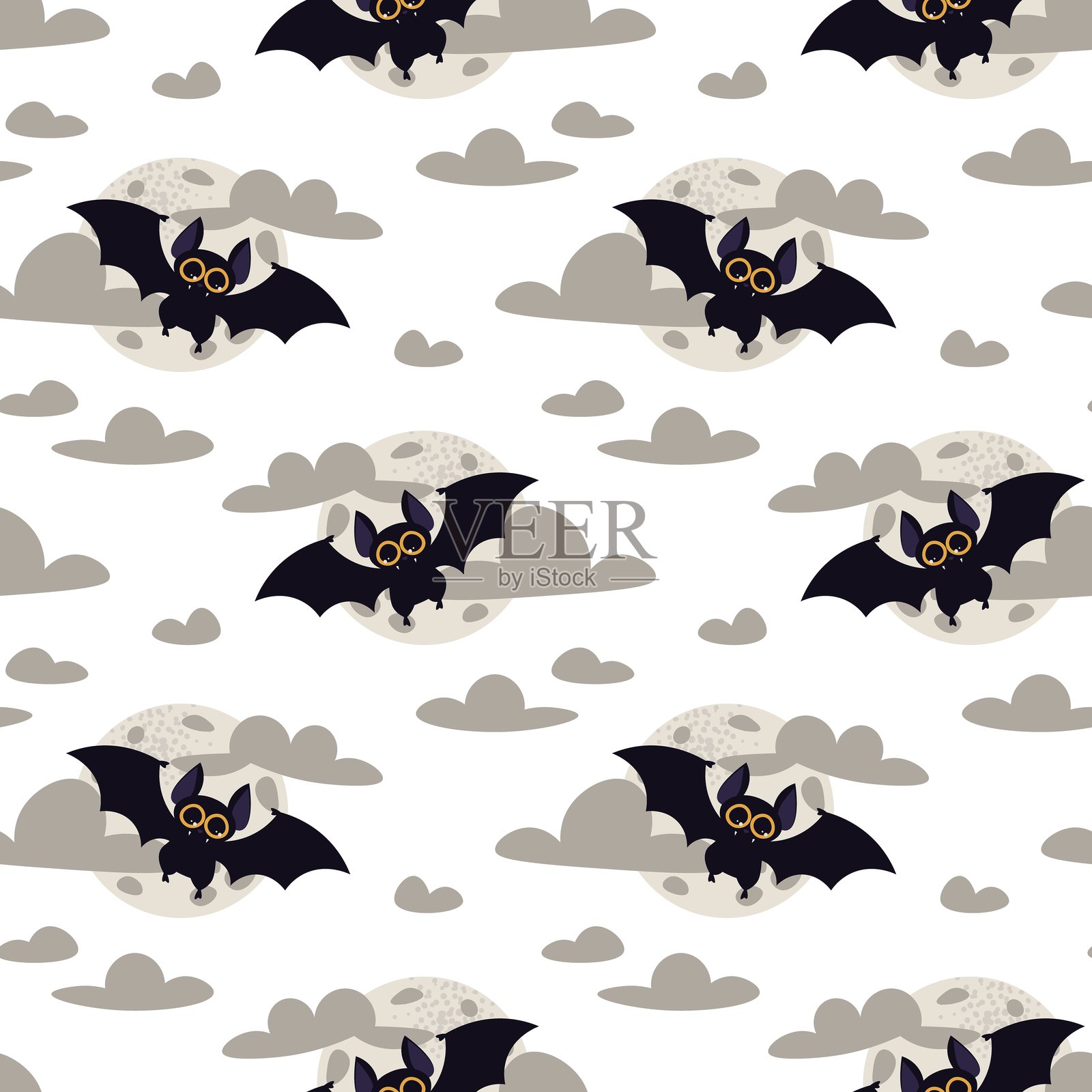 可爱蝙蝠、月亮和云朵的无缝图案，背景为午夜蓝色。适用于纺织品、包装、壁纸、网页设计和节日装饰的万圣节重复背景。插画图片素材