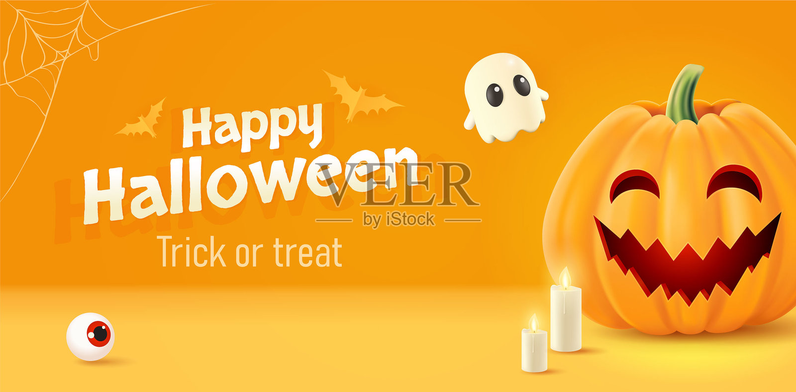 万圣节背景，包含3D鬼魂、杰克南瓜、蝙蝠和烛光。派对和促销的贺卡。插画图片素材