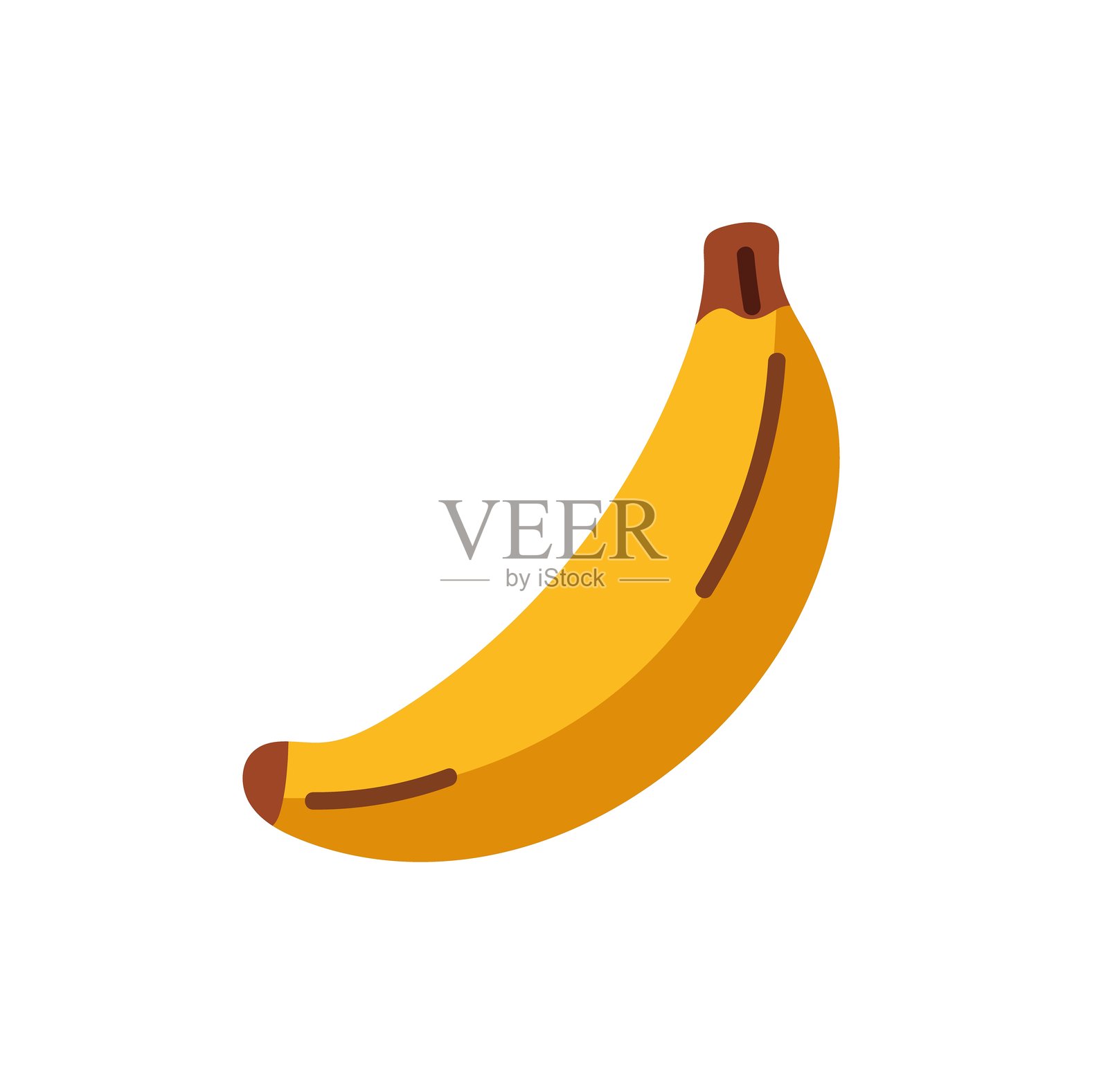 一个成熟的香蕉图标。整根热带水果，带有黄色外皮。异国情调的甜点心，天然有机甜点。健康食品，天然园艺作物，丰收。白色背景上的扁平化孤立矢量插图。插画图片素材