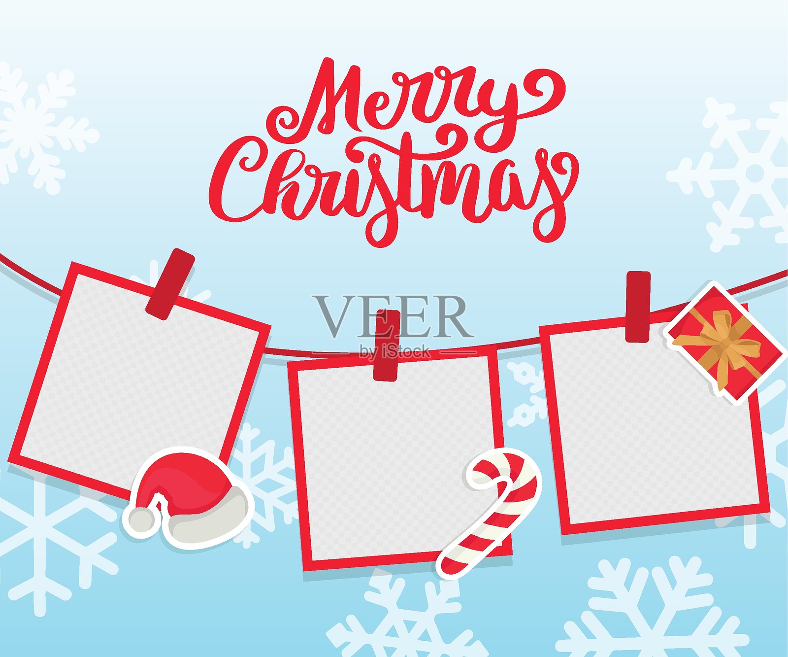 圣诞照片框卡片 宝丽来框架 圣诞红色元素 冬季雪花背景插画图片素材