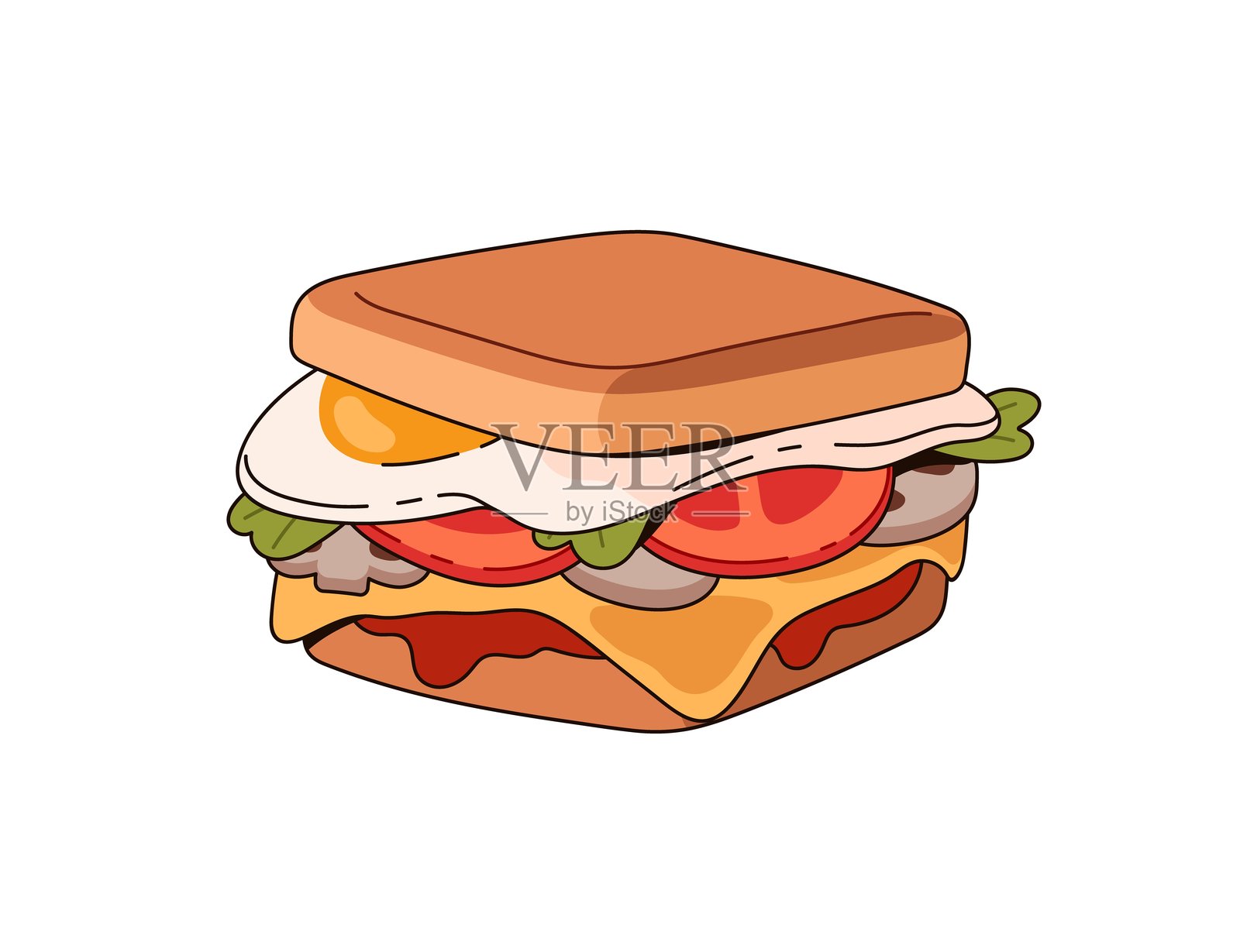 美味的三明治，配有鸡蛋、蔬菜和奶酪。美味的汉堡，搭配烤面包和番茄。早餐吃的培根生菜番茄三明治。美味的小吃，快餐。白色背景上的平面孤立矢量插图。插画图片素材