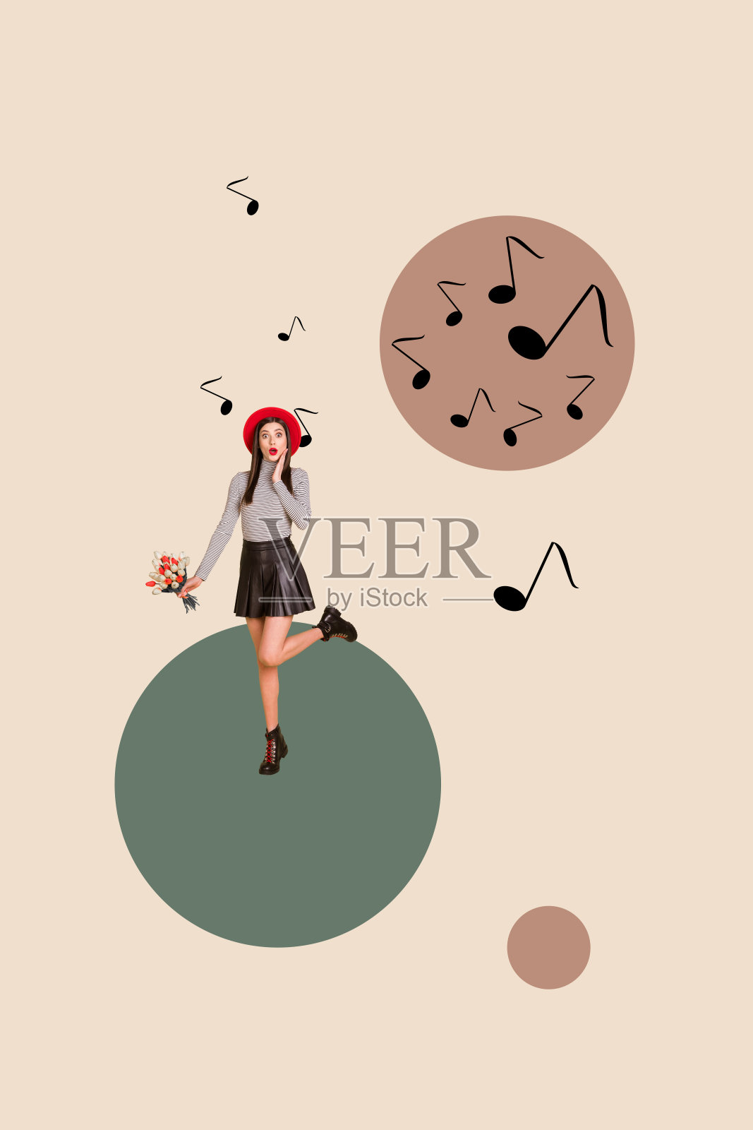 创意趋势拼贴，人物手持鲜花，背景为黄色的音乐音符照片摄影图片