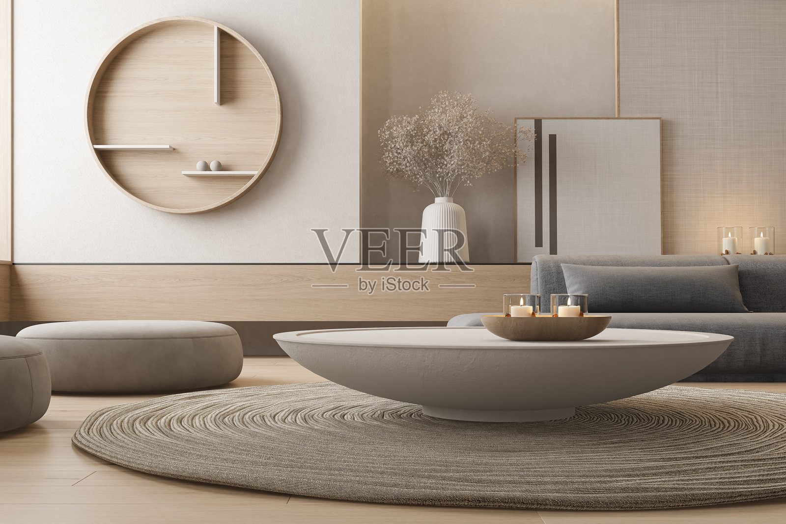 日式北欧风格的客厅室内，采用哑光自然饰面和极简装饰照片摄影图片