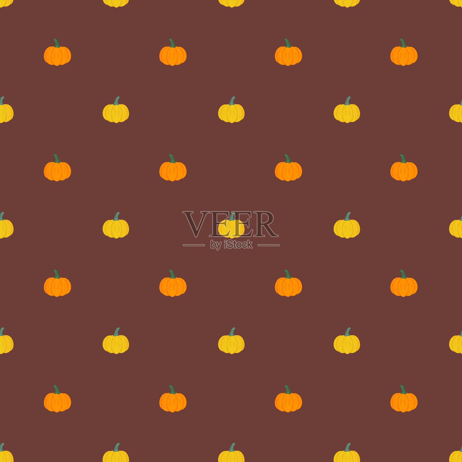 黄色和橙色南瓜在棕色背景上的无缝图案插画图片素材