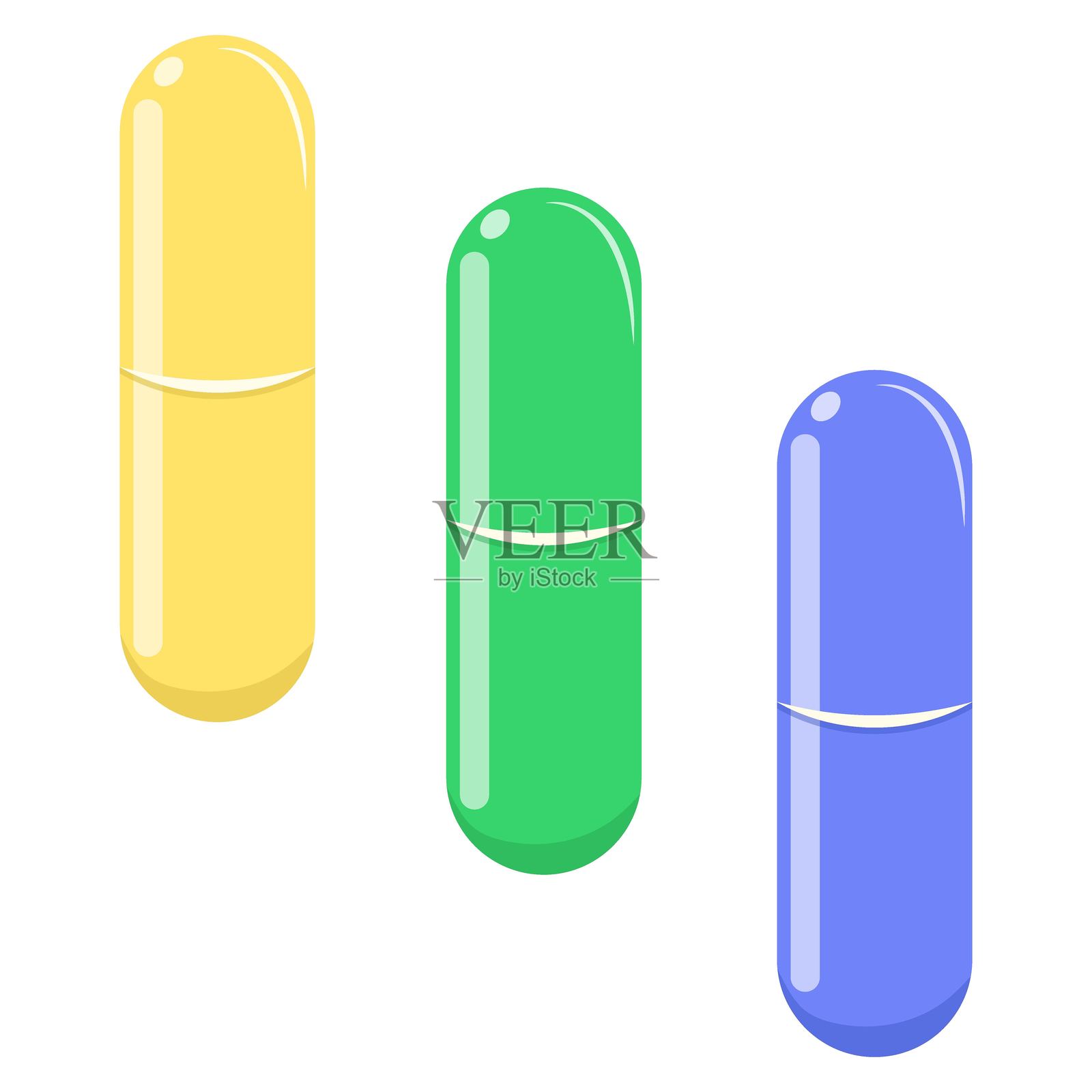 三个孤立的圆形胶囊，分别为黄色、蓝色和绿色。矢量维生素插画图片素材