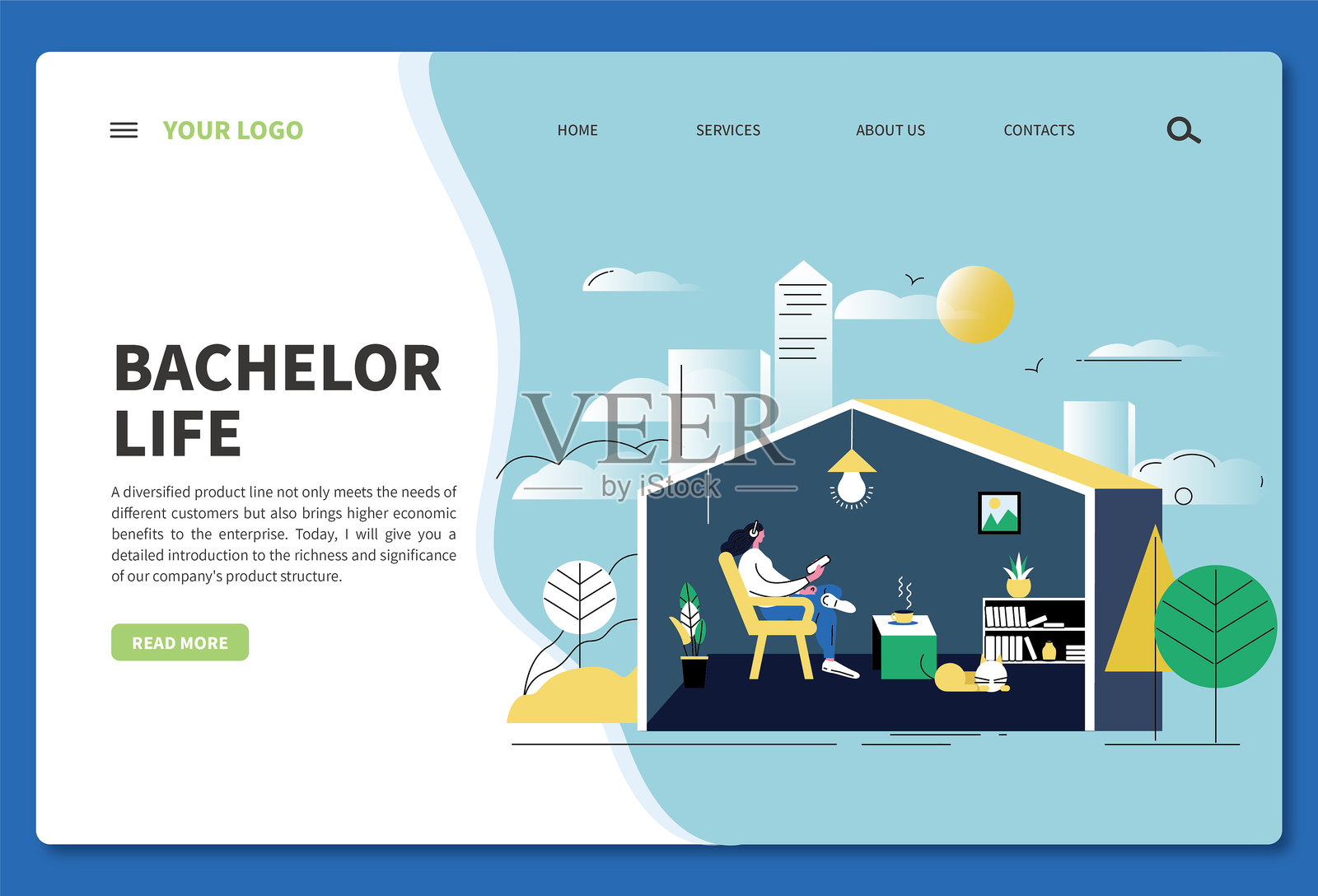 女性在家中玩手机并听音乐。横幅 - 标志，网页横幅，模板，网页。插画图片素材