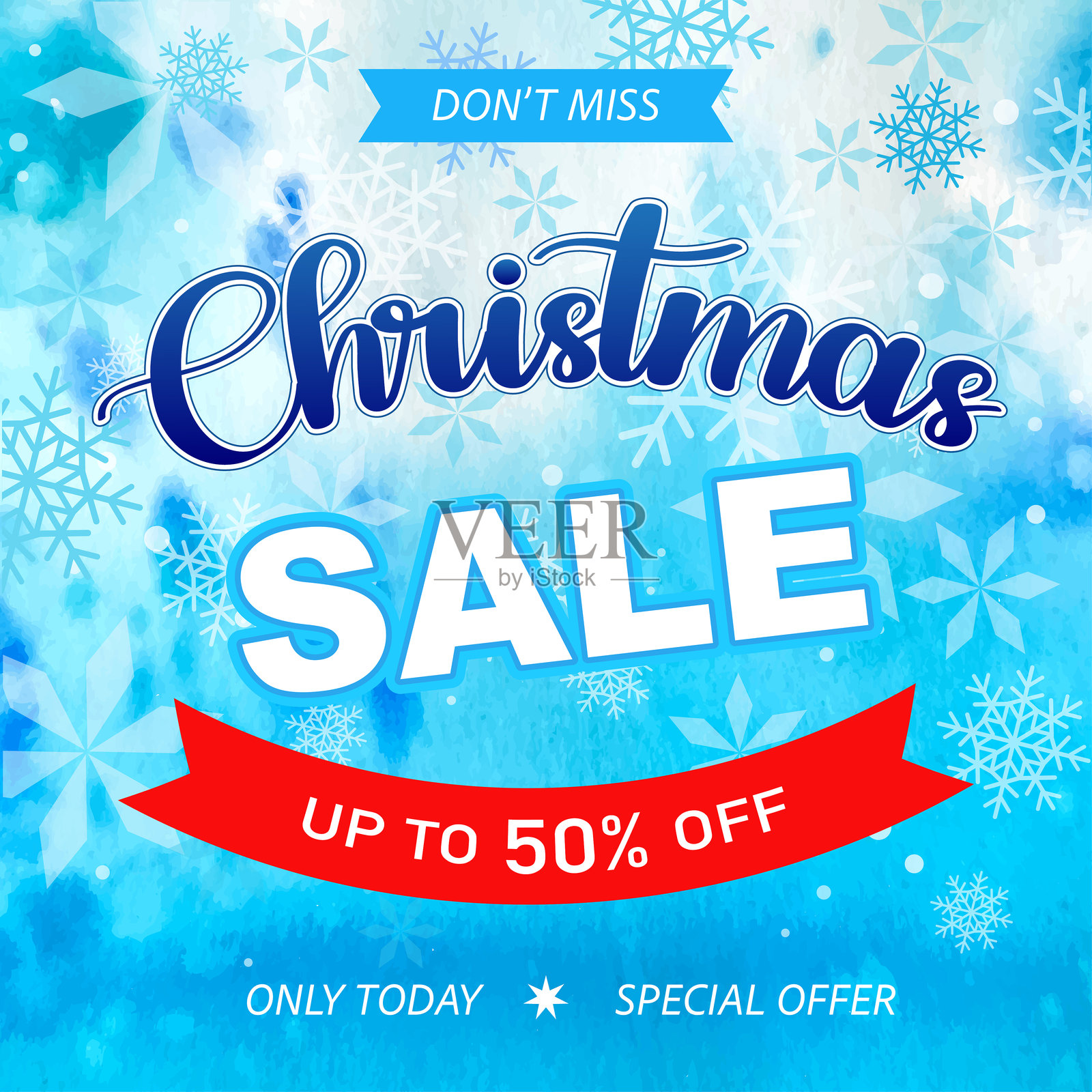 圣诞促销方形海报，卡片，手绘水彩背景，冬季活动，季节，广告封面，折扣，购物，矢量插图插画图片素材