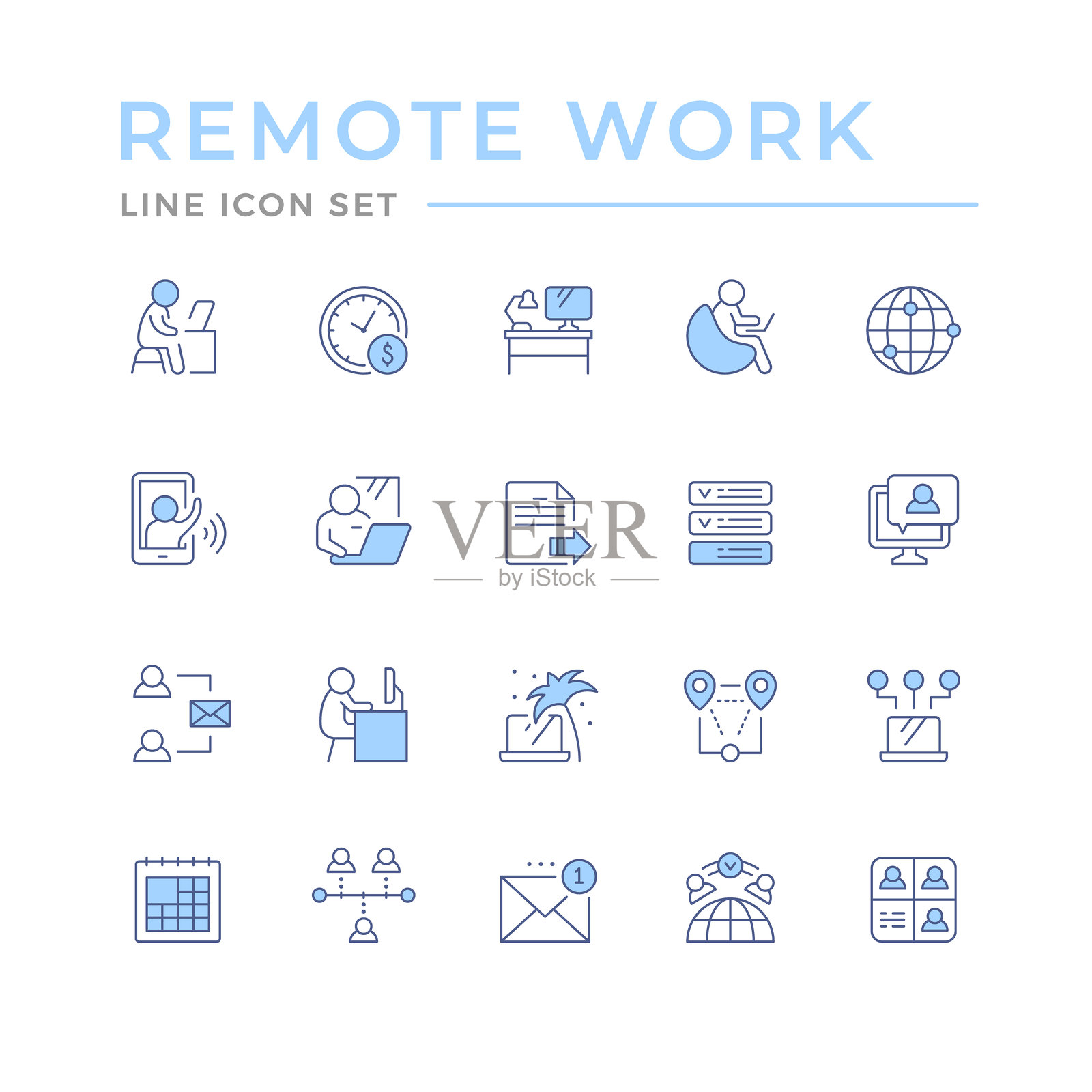 远程工作的彩色图标设置插画图片素材