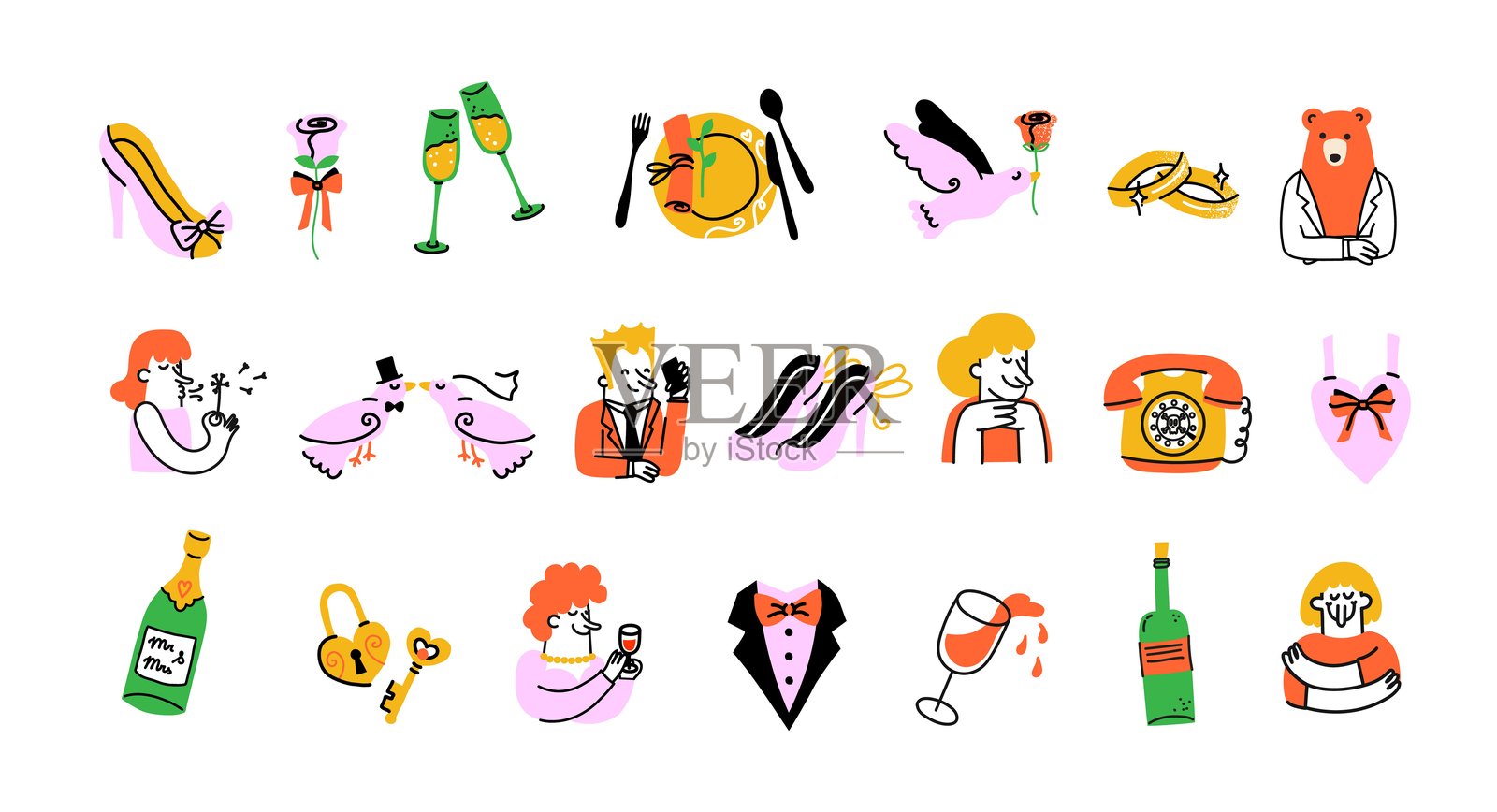 一套迷人的婚礼必需品，适合您特别的日子。创意节日物品庆祝爱情故事，展现浪漫的象征，如花束、婚戒和多层蛋糕。插画图片素材