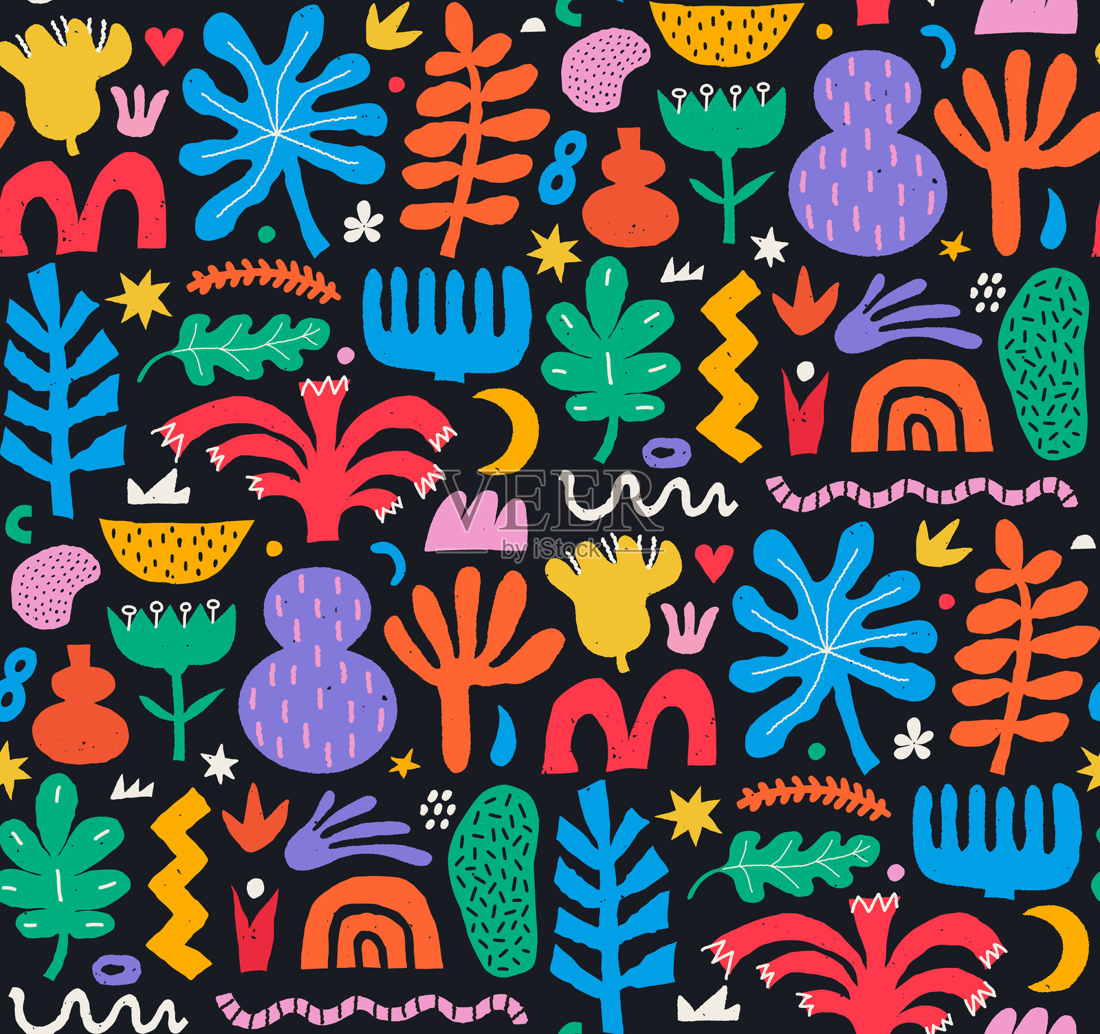 抽象无缝图案，包含各种形状、图形和自由形式的斑点。现代时尚的无缝背景，采用手绘彩色蜡笔风格，包含各种植物和涂鸦。插画图片素材