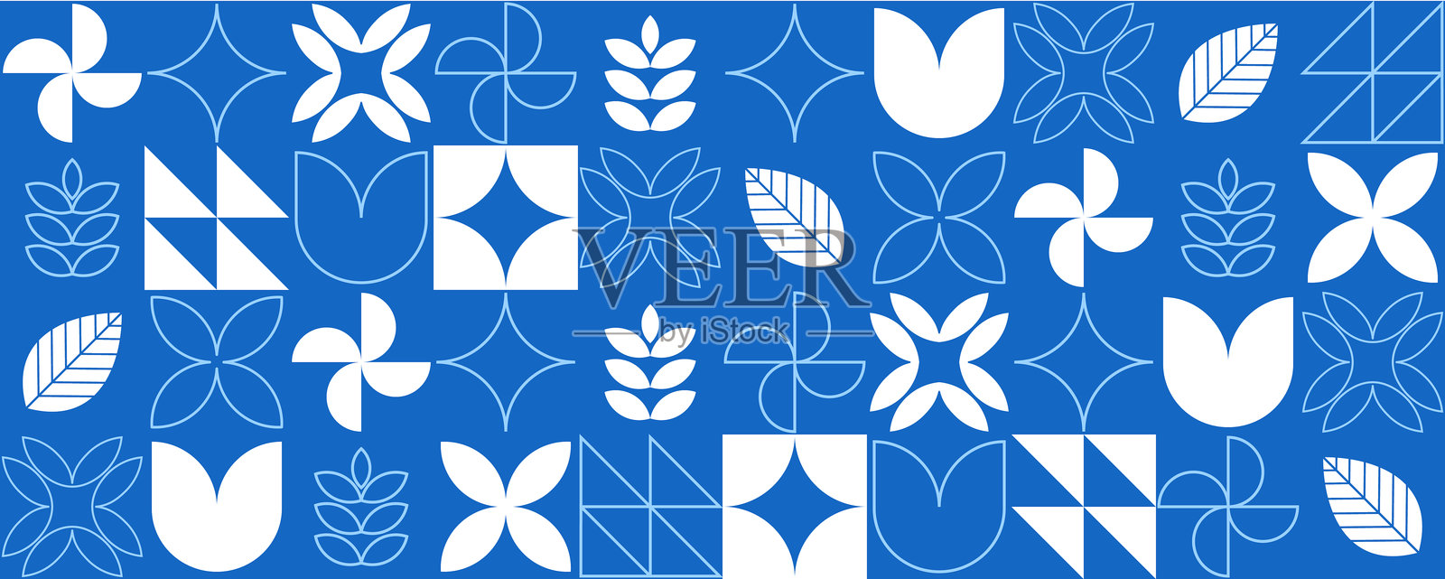 白色和蓝色的生态几何矢量平面设计自然轮廓马赛克横幅。简单包豪斯风格的无缝包豪斯图案。农业矢量设计。插画图片素材