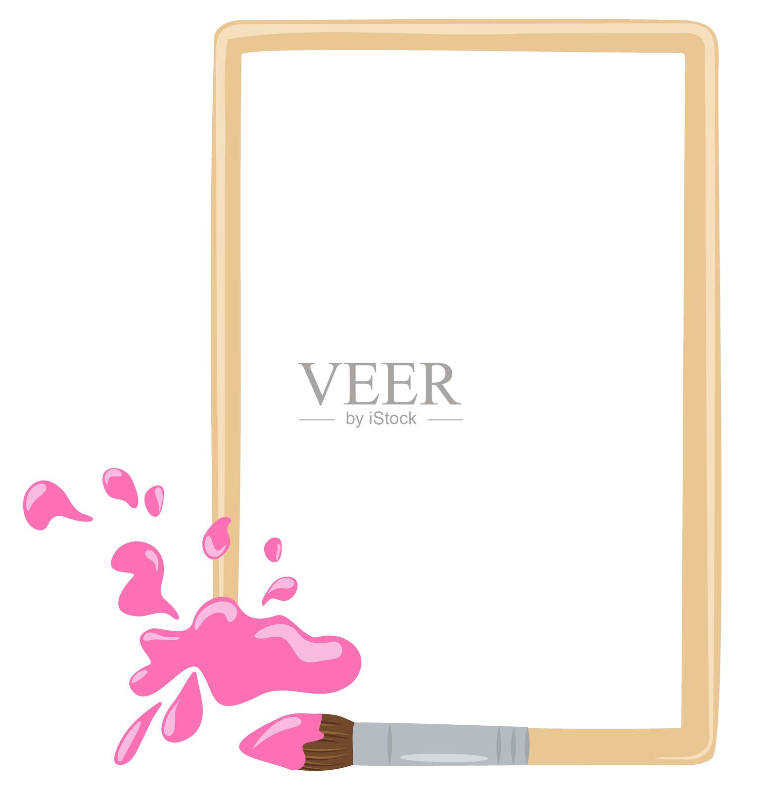 粉色颜料飞溅的竖框和留白。画笔弯曲。插画图片素材