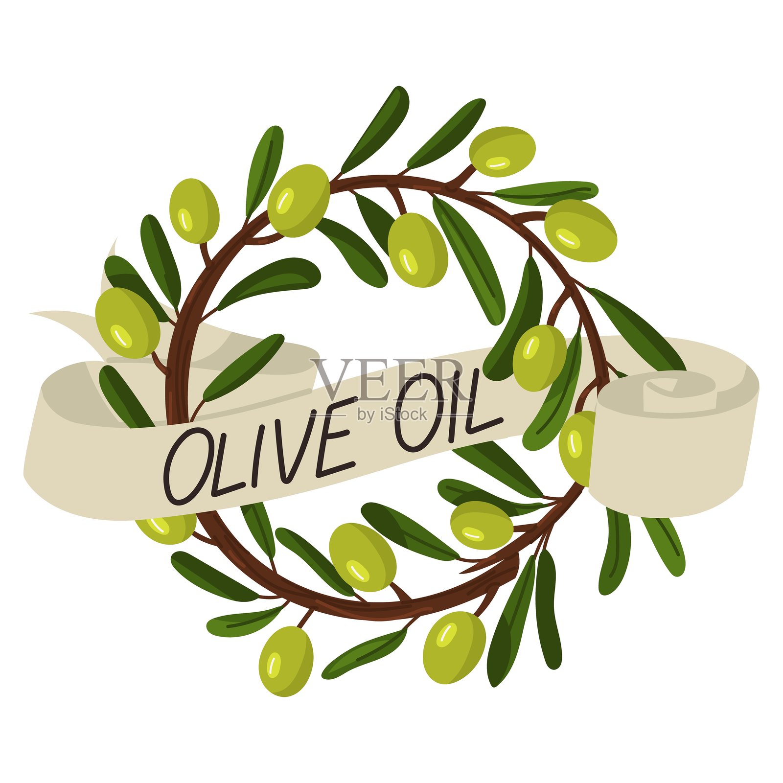 带有丝带和“橄榄油”字样的绿橄榄花环分支。封闭的分支上有果实和叶子。白色背景上的平面色彩插图。带有橄榄的断枝。新鲜菜肴的烹饪。插画图片素材