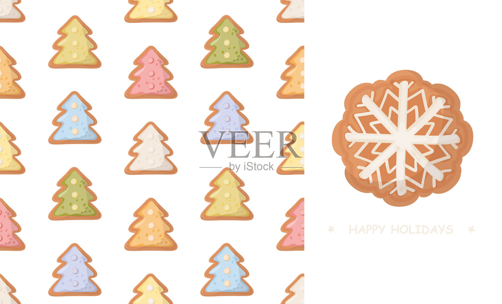 圣诞姜饼树无缝图案和孤立在白色背景上的雪花饼干元素。可爱的卡通风格插图。传统烘焙蛋糕和饼干的节日设计。插画图片素材