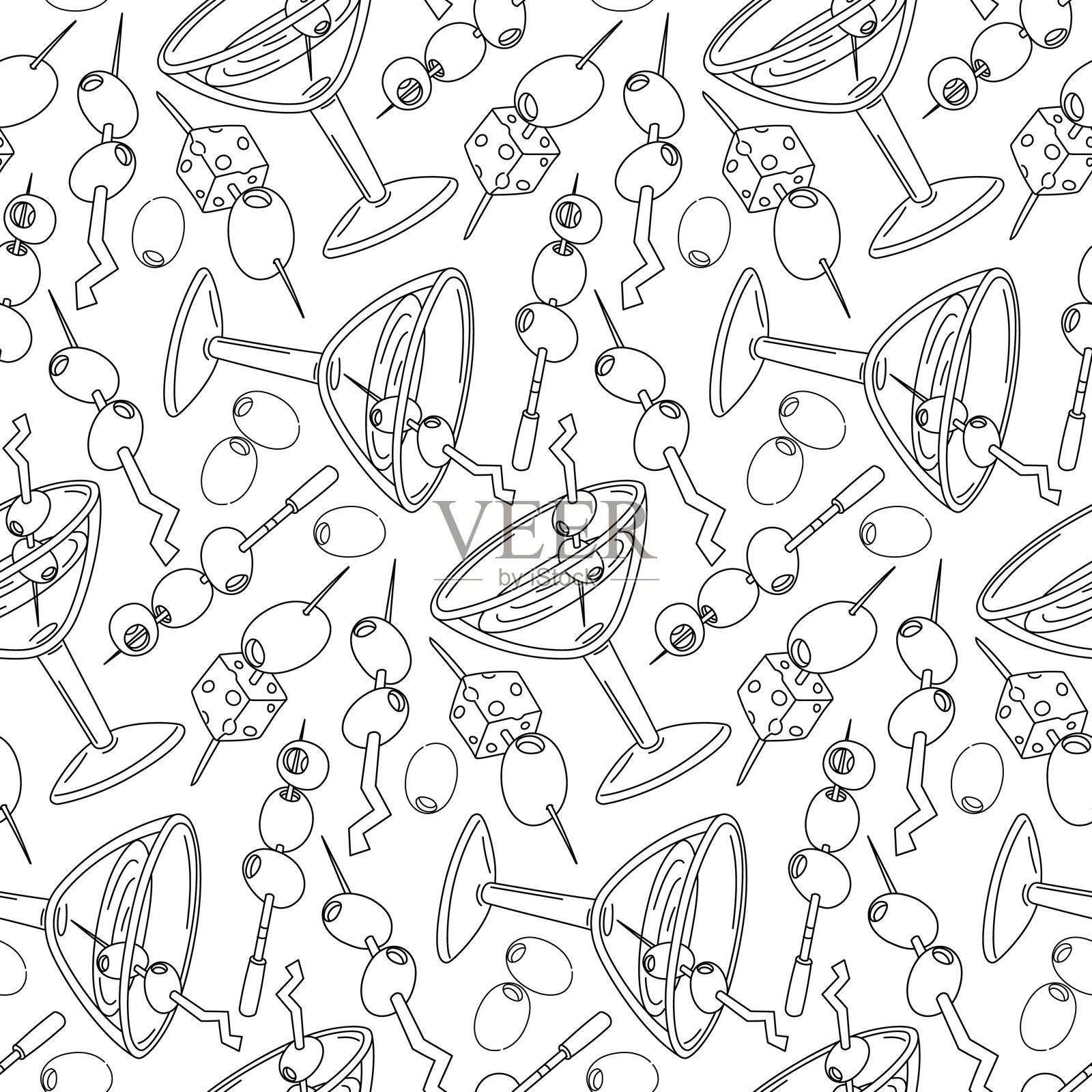 马提尼酒杯图案，配有橄榄串。无缝的串刺果实的多样棒子。橄榄串在饮料杯中漂浮。精致的饮品。白色背景上的轮廓插图。插画图片素材