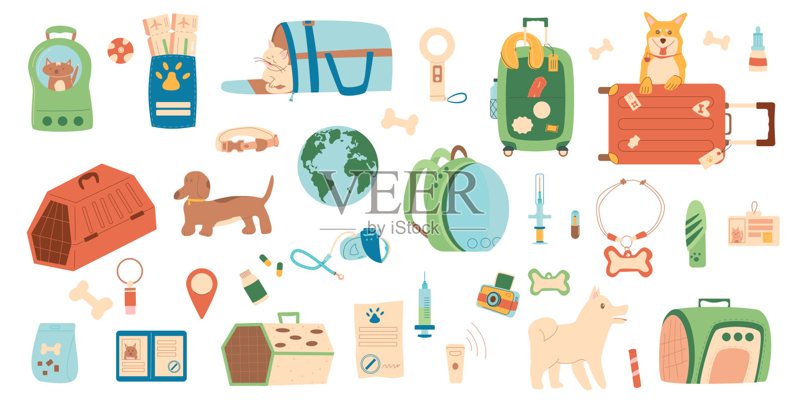 带着宠物旅行。旅游用品和配件的家畜元素隔离在白色背景。宠物笼，项圈，护照和身份标签。和猫狗一起旅行。矢量平面插画图片素材