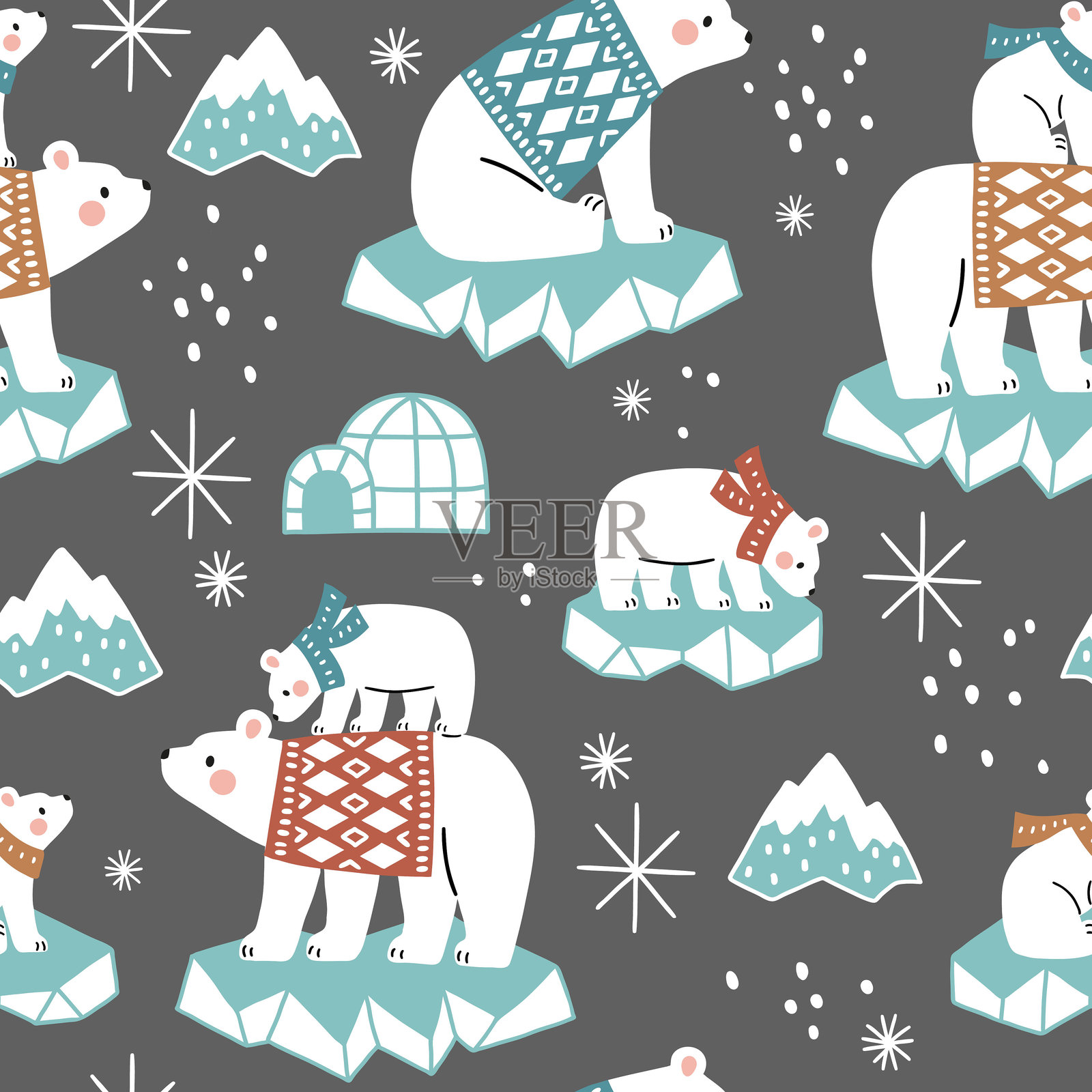 无缝矢量图案，手绘北极熊在冰板上。可爱的北极熊穿着温暖的衣服。非常适合纺织品、壁纸或婴儿房印刷设计。插画图片素材