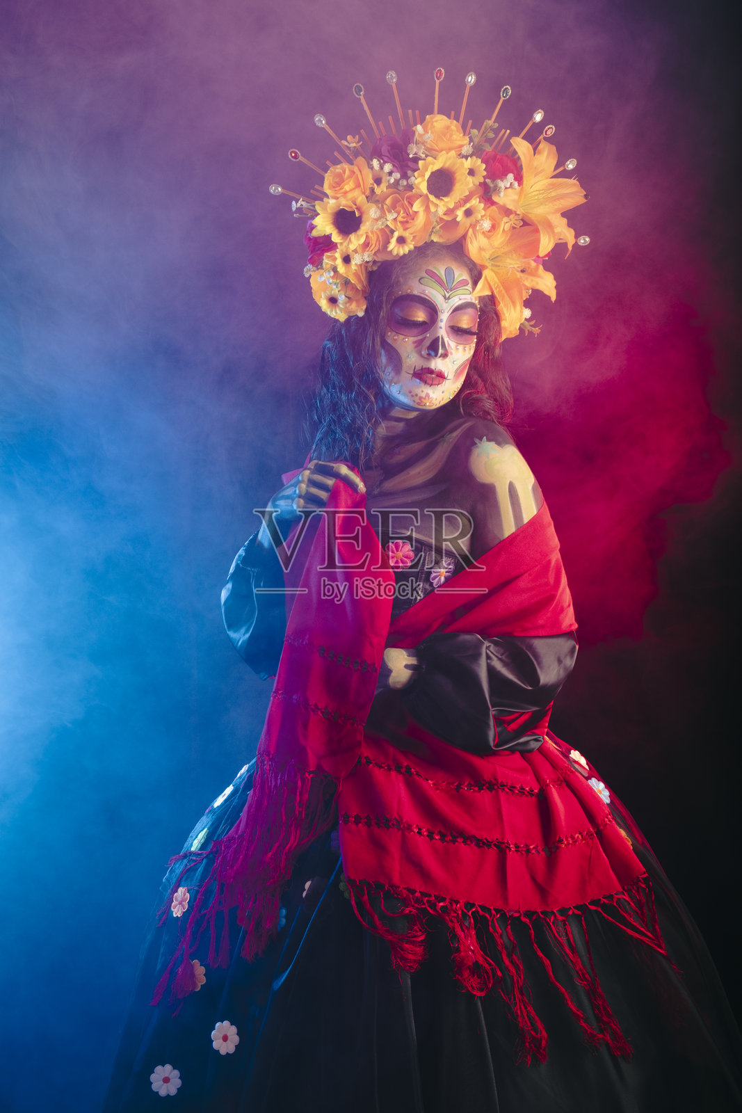 墨西哥卡特里娜们摆姿势，展示她们充满色彩、形状和情感的美丽与文化，展现出优雅。照片摄影图片