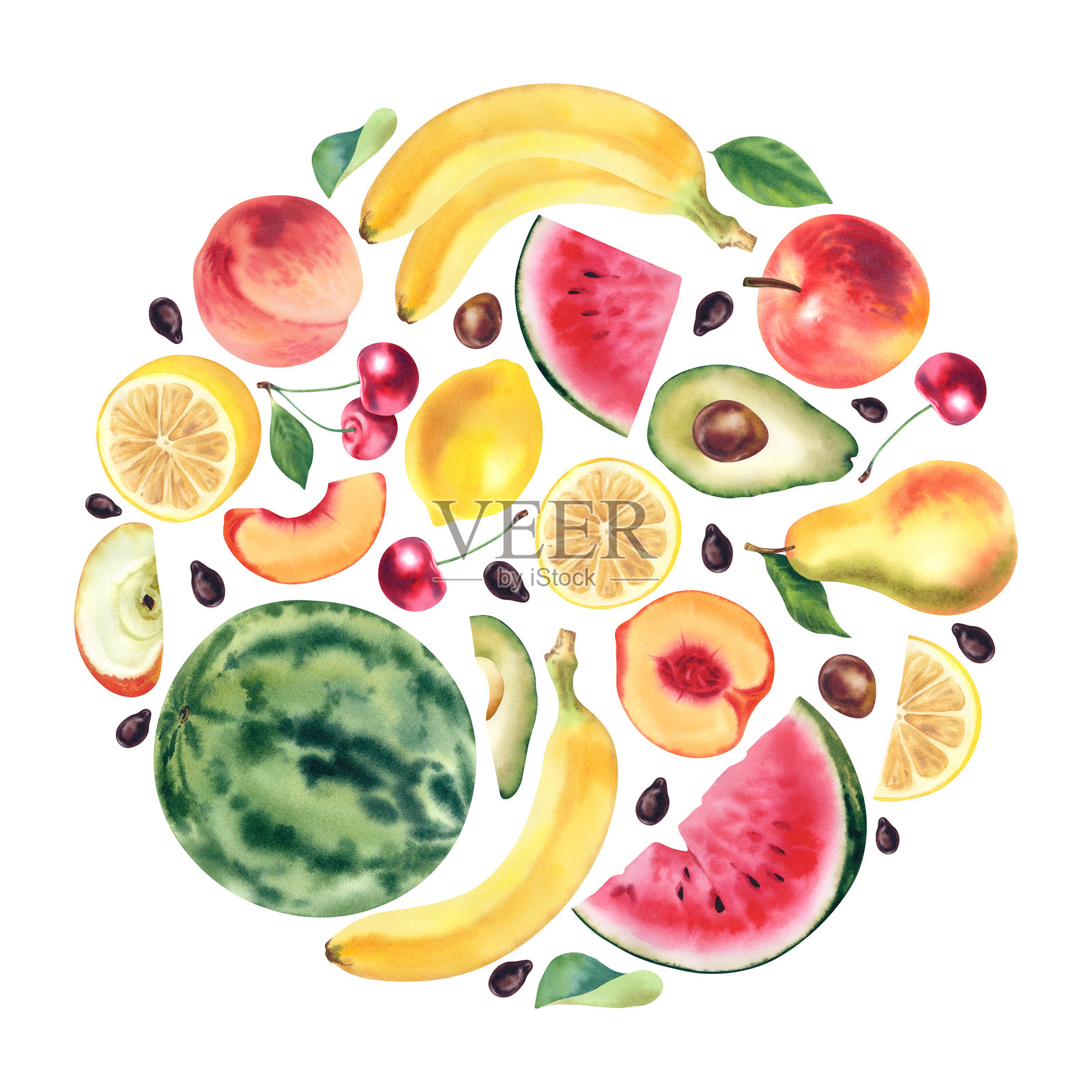 水果水彩画套装，呈圆形排列在孤立背景上。手绘水果插图。多汁明亮的西瓜、桃子、苹果、梨、香蕉、柠檬和樱桃。素食购物组合。插画图片素材