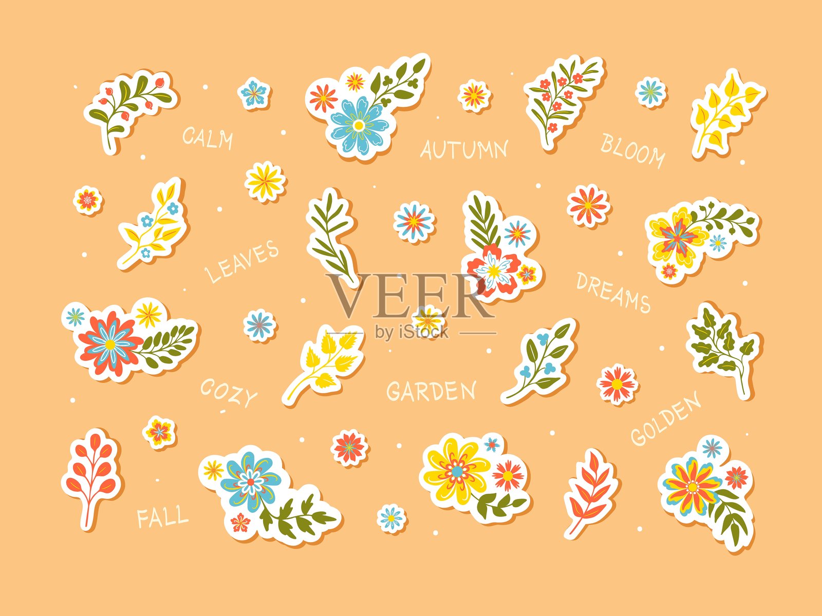 秋天的花朵，浪漫的贴纸插画图片素材