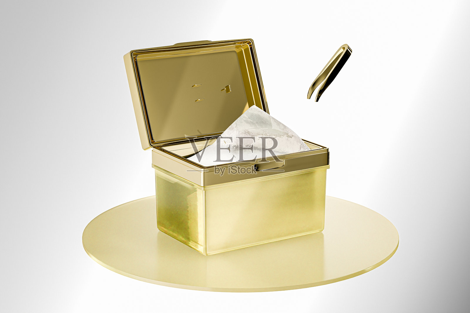 翻盖式面膜盒与镊子模型，矩形护肤爽肤水垫包装，金属方形护肤容器带翻盖，保湿面膜模型照片摄影图片