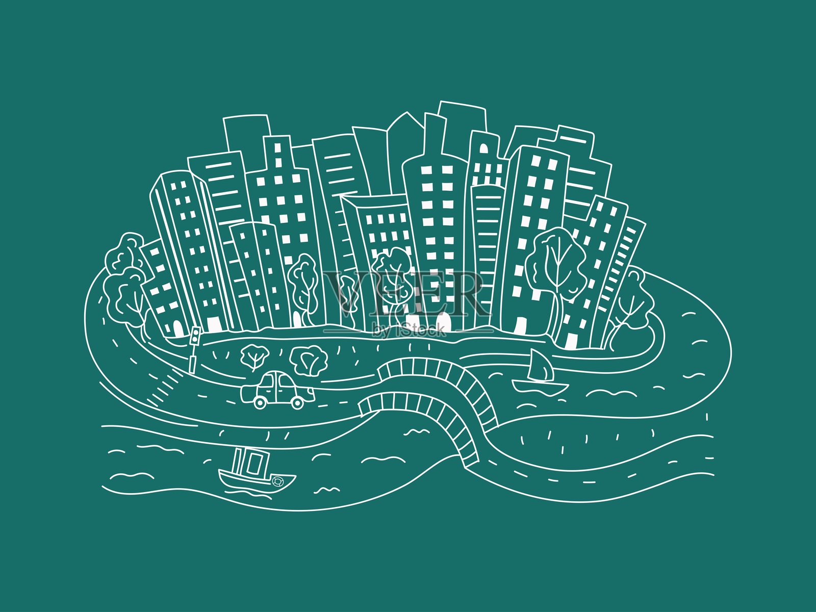 城市，河边的房屋，道路。绘画，涂鸦。交通，旅行。线条图形矢量插图，独立背景。插画图片素材