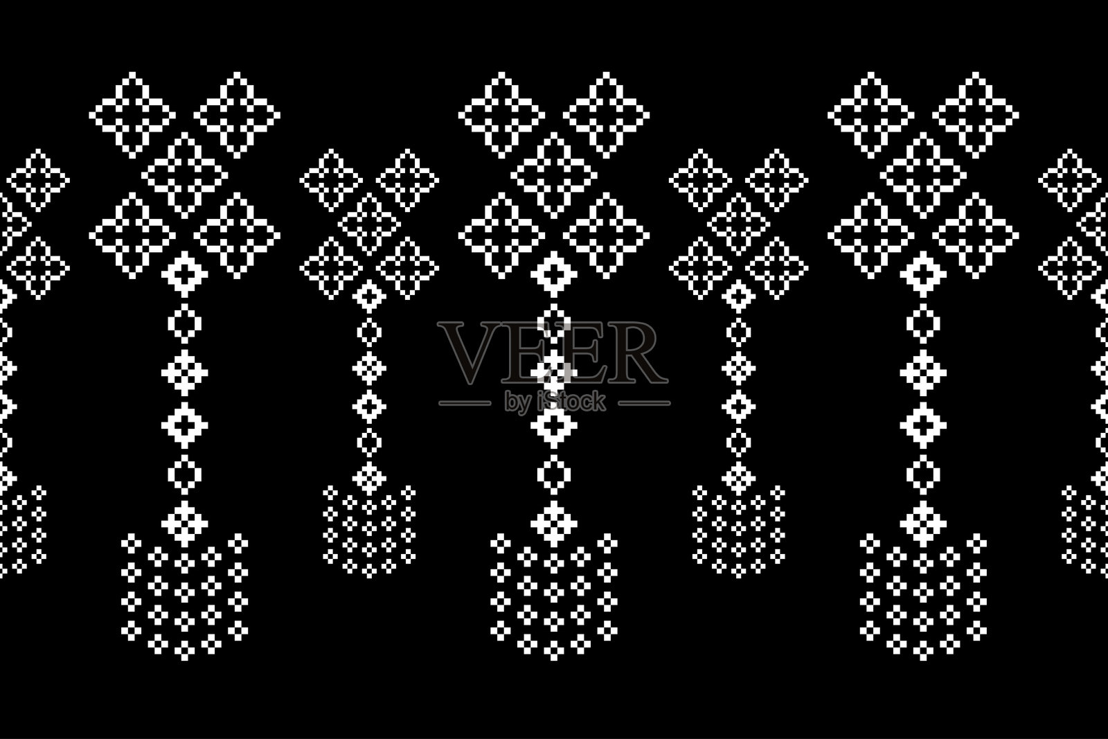 黑色背景装饰的民族风格织物图案，抽象艺术像素风格，适用于布料、刺绣、壁纸、地毯和围巾。插画图片素材