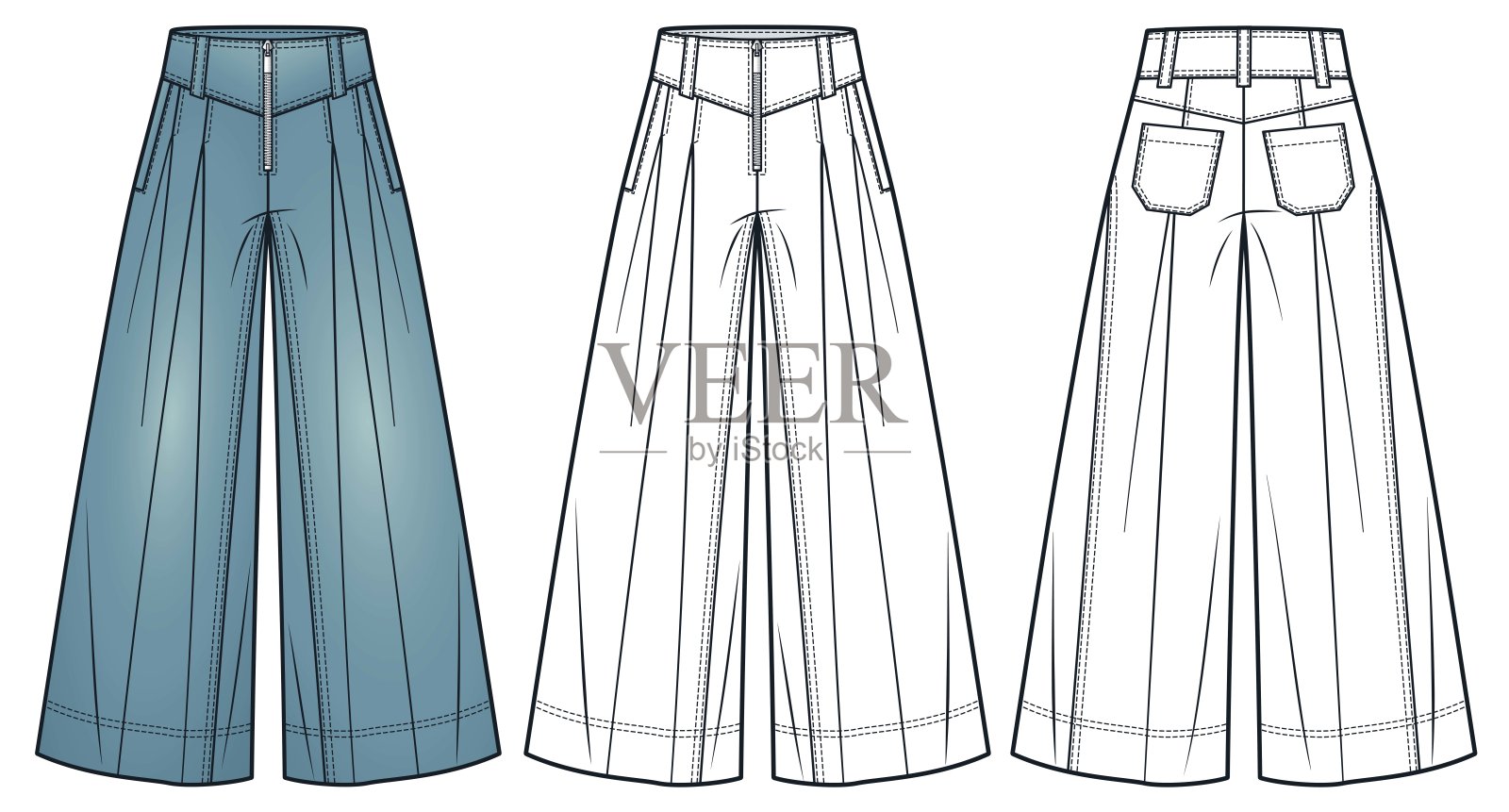 带褶皱和口袋的宽腿牛仔裤技术时尚插图。牛仔裤时尚平面技术图纸模板，完整长度，正面和背面视图，白色，复古蓝，男女通用CAD模型。插画图片素材