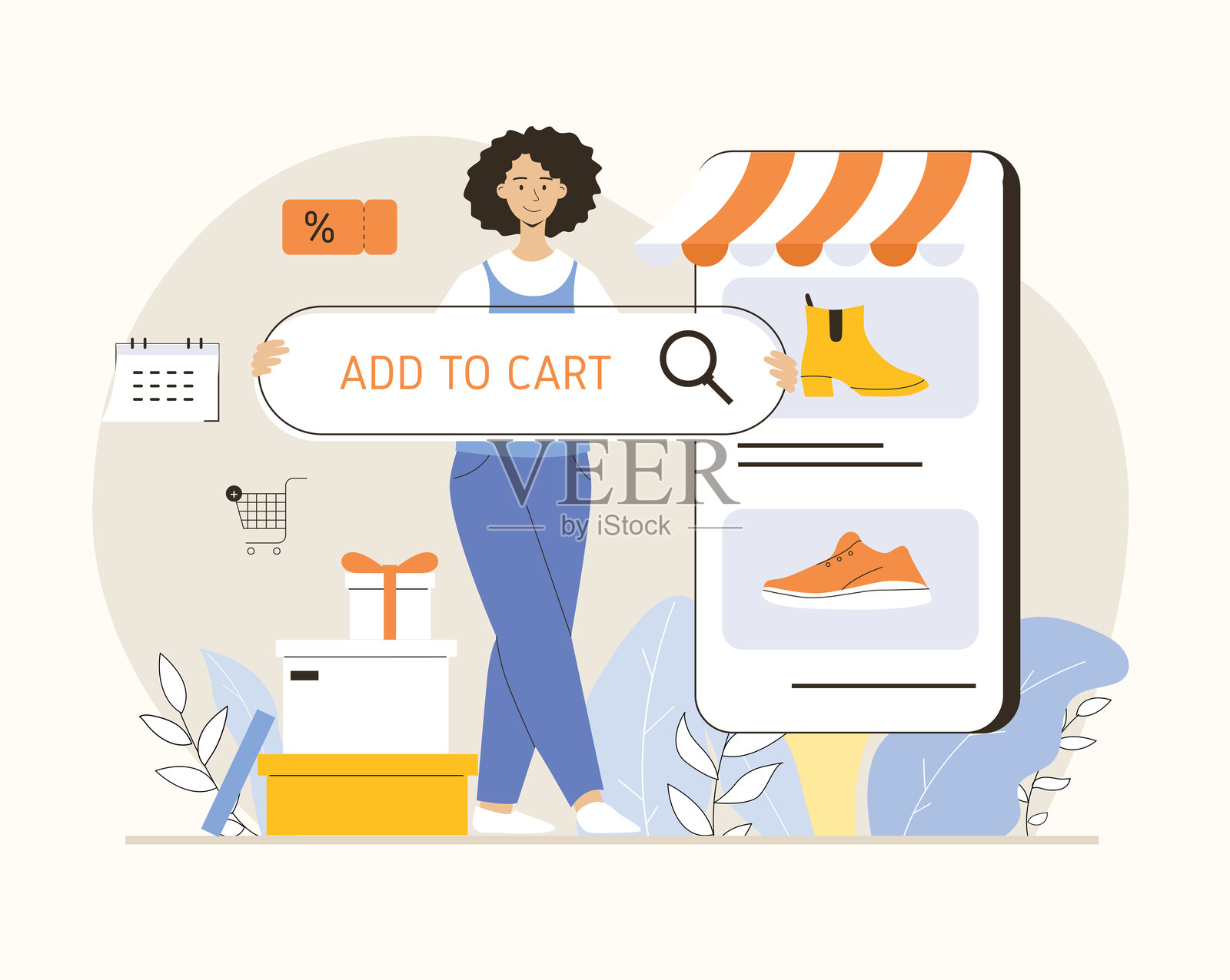 在线购物。女性在商店选择商品，通过移动应用下单和支付。扁平化矢量插图。插画图片素材