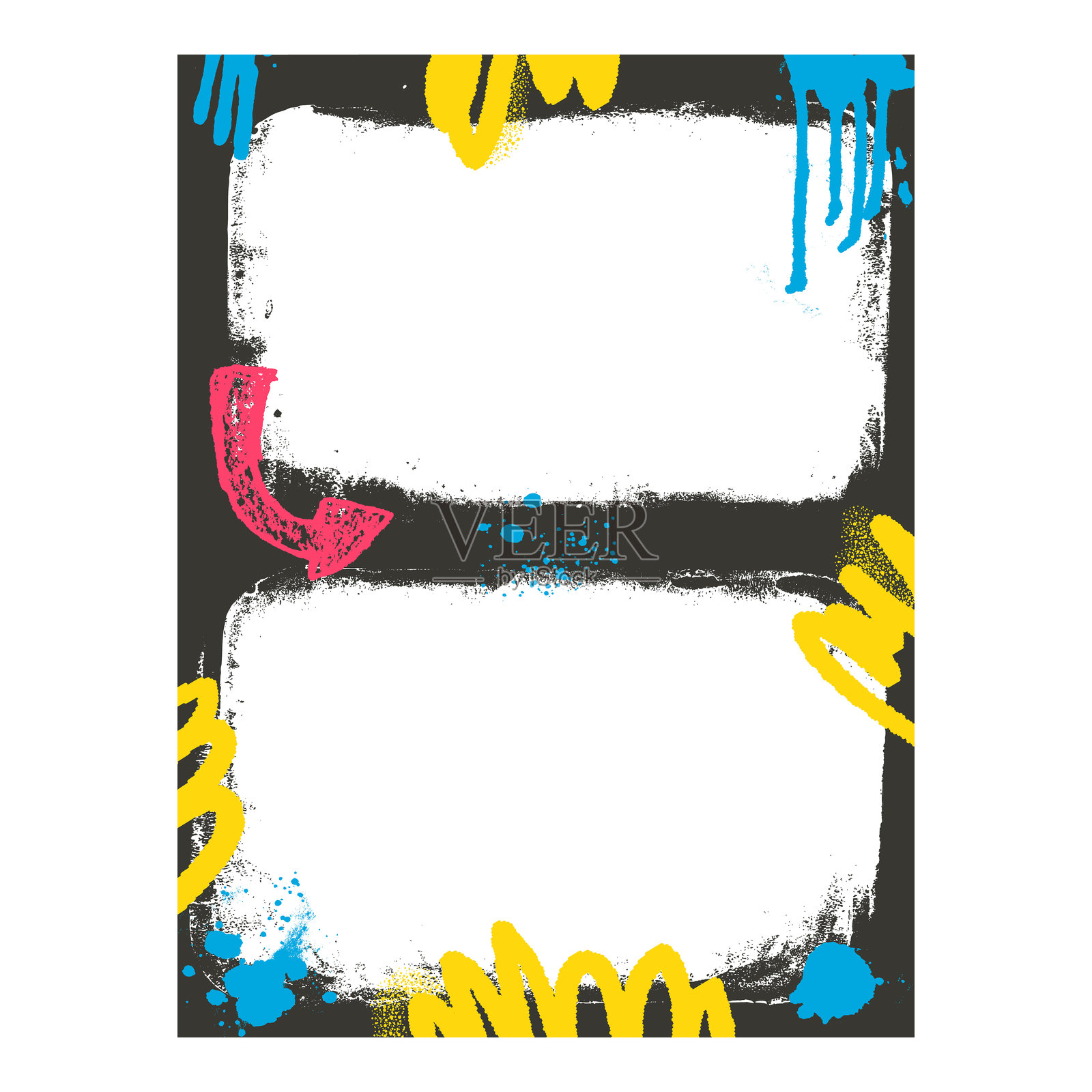 带箭头和气溶胶喷漆的复古双照片框模板。涂鸦喷漆艺术布局背景。带有喷枪线条的边框。矢量嘻哈风格框架。插画图片素材