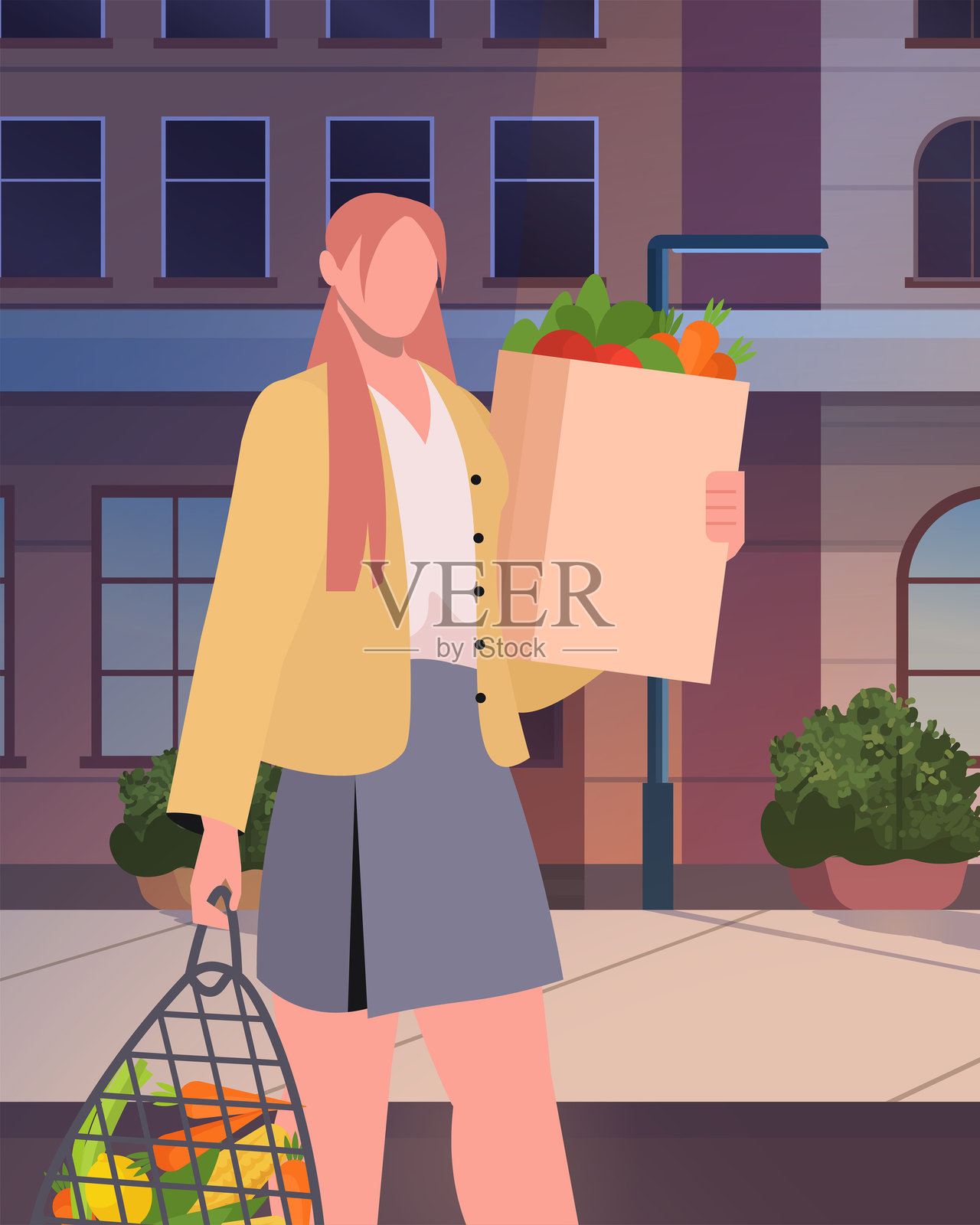 女人手持纸张和网状购物袋插画图片素材