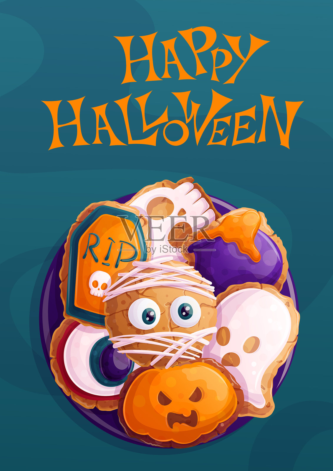 万圣节传单设计模板。盘子上的饼干呈现为木乃伊、锅、鬼魂和南瓜。“不给糖就捣蛋。”插画图片素材