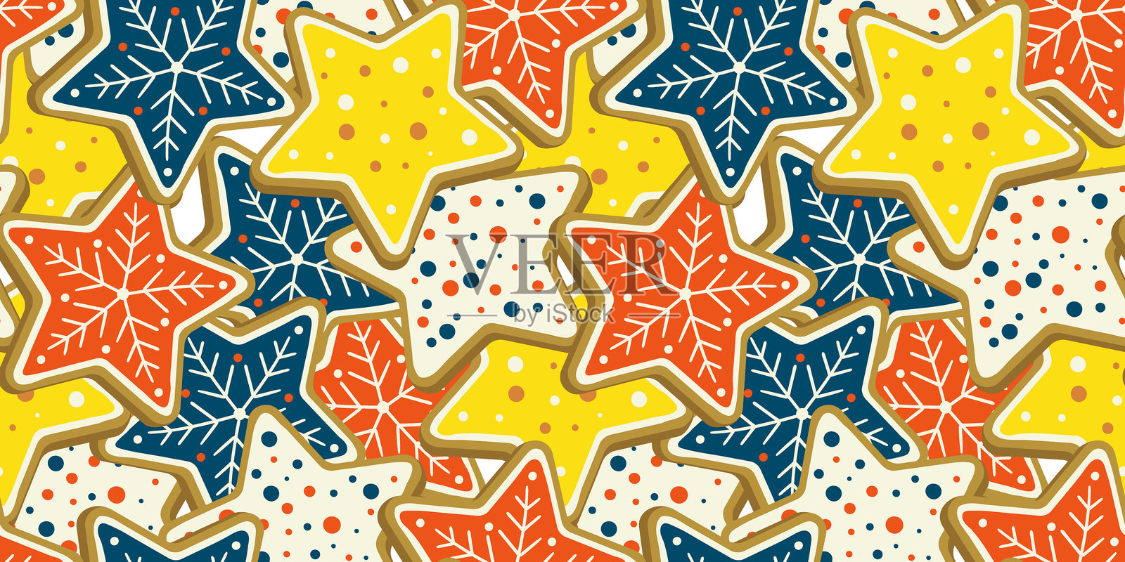 不同颜色的圣诞星形姜饼饼干装饰图案，无缝图案，节日纺织品礼品包装纸背景插画图片素材