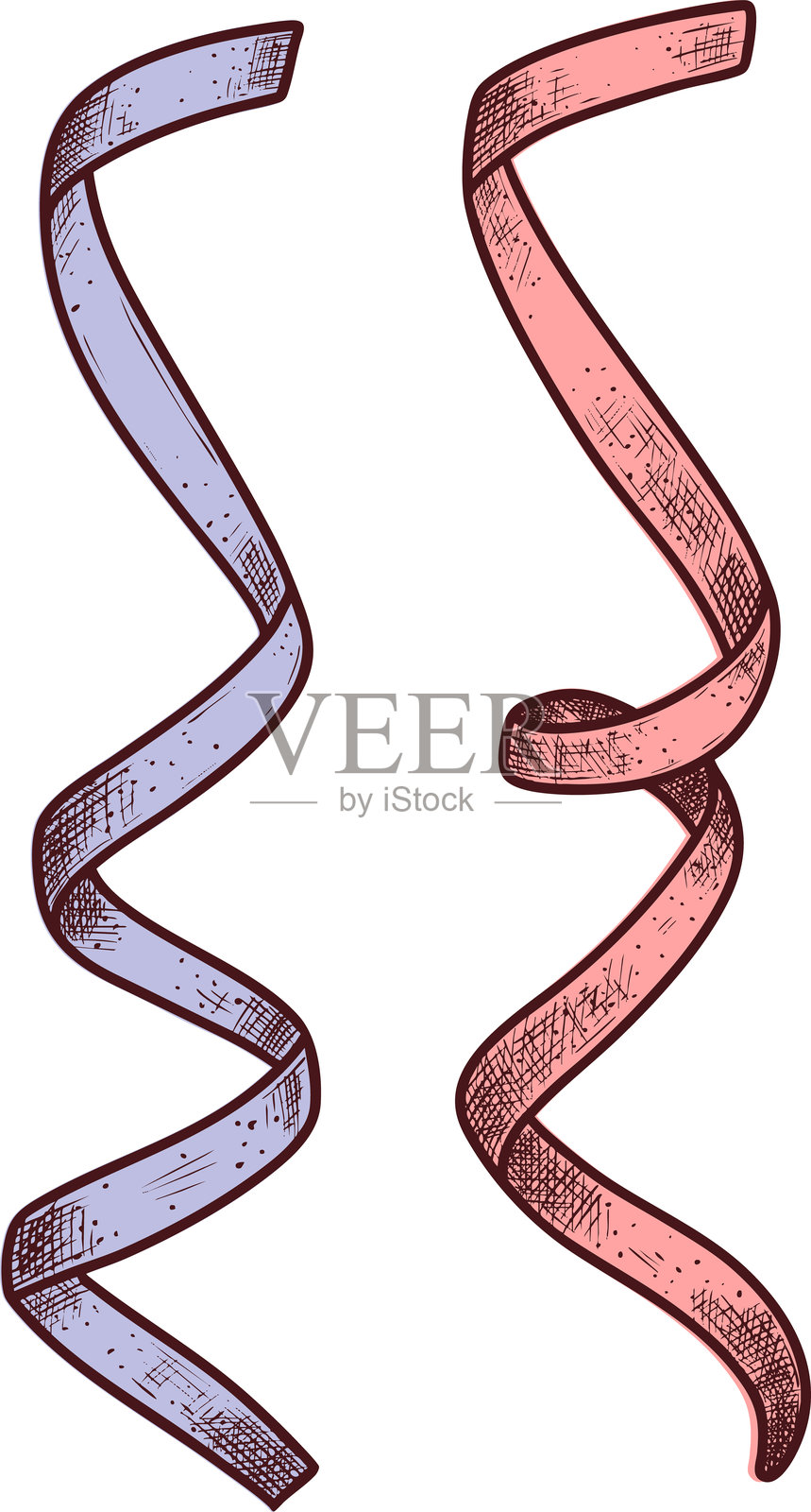 手绘的粉色和紫色缎带。节日装饰。矢量插图。插画图片素材