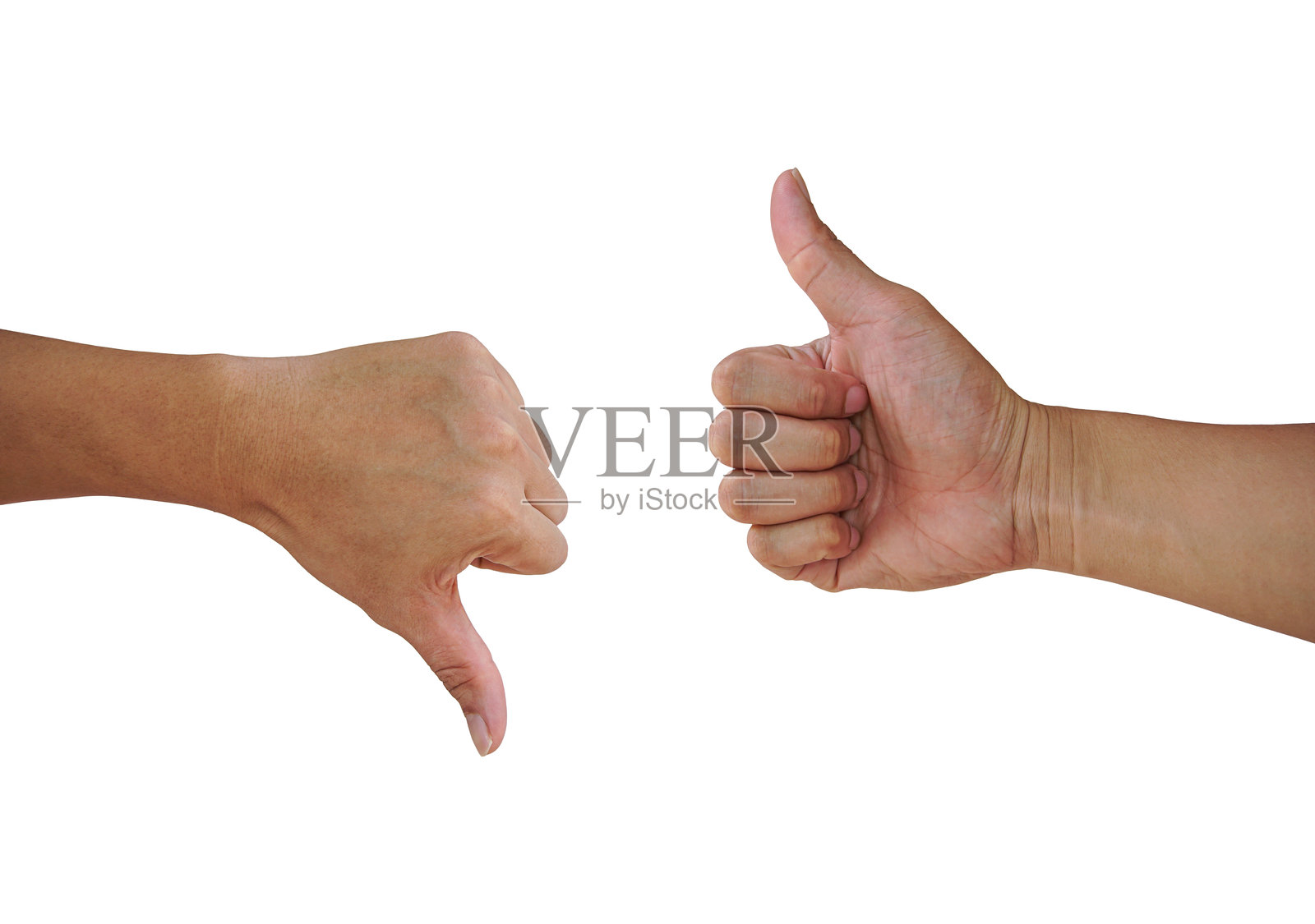 男性手部的喜欢与不喜欢符号，孤立在白色背景上。表达好与坏意见的概念。表达情感的手势。照片摄影图片