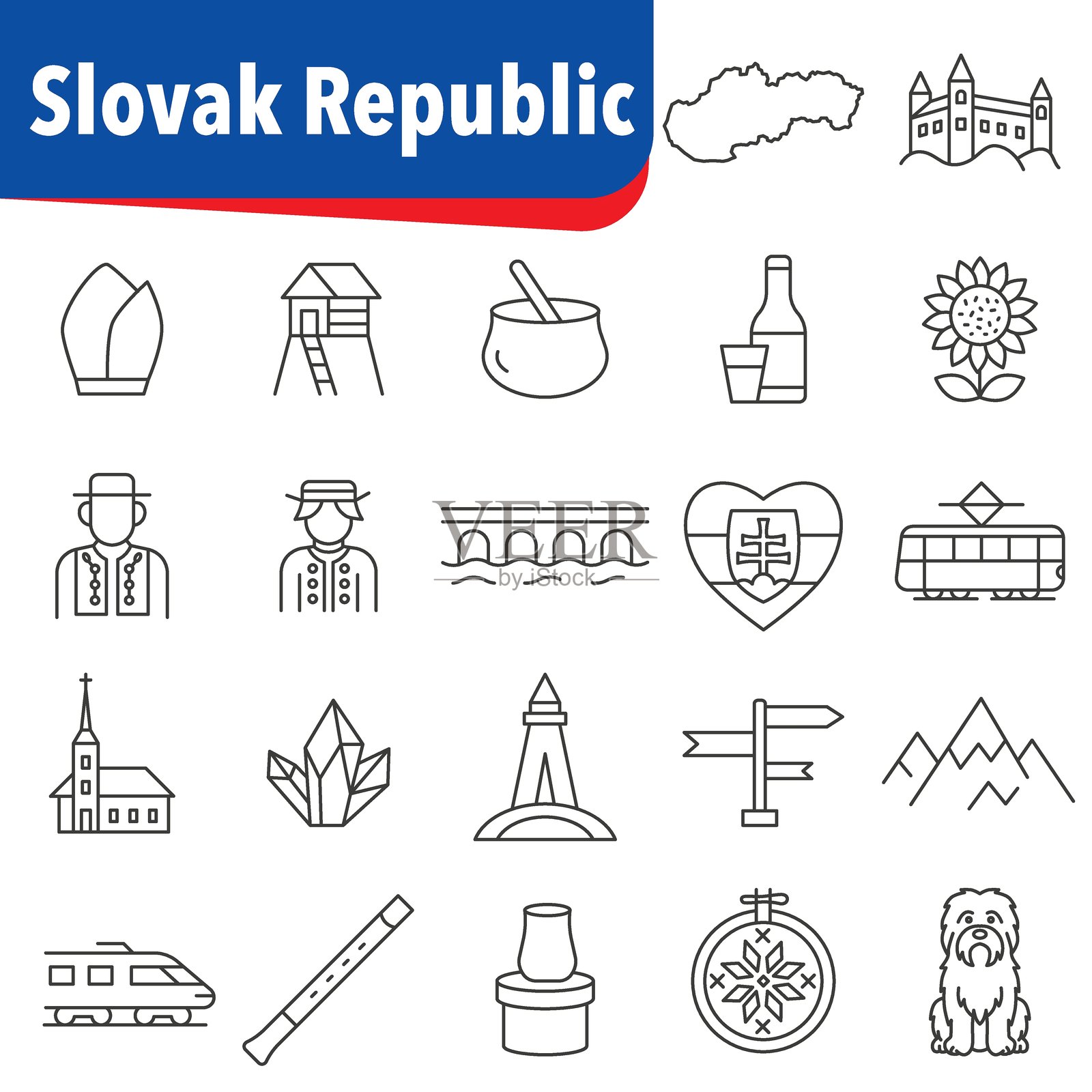 斯洛伐克文化、传统和地标的图标集。斯洛伐克的象征意义。插画图片素材