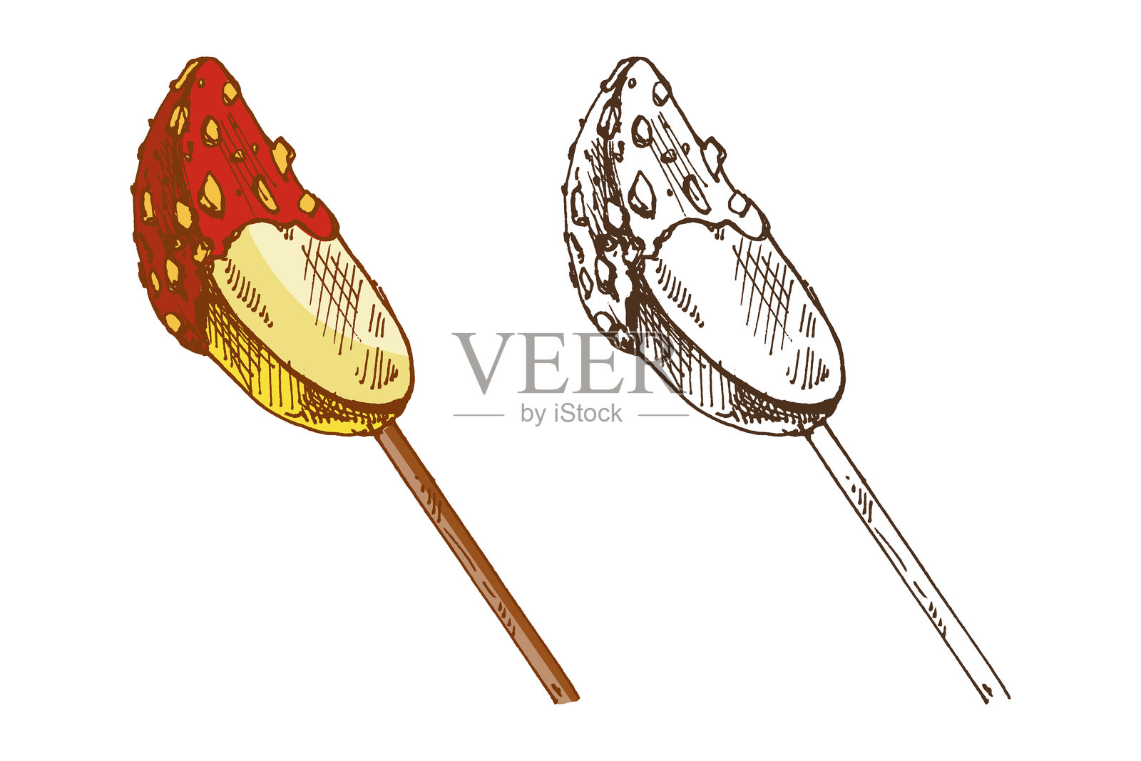 手绘复古风格的焦糖苹果片，木棍上带有坚果 topping，包含彩色和单色版本插画图片素材