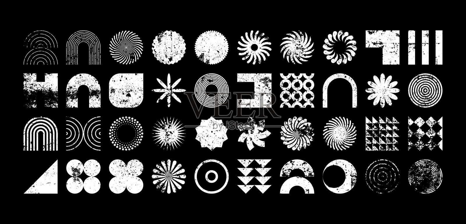 粗犷主义几何形状，现代磨损符号。简单的原始元素和形状，受损细节。复古设计，老旧，复古，时尚的当代极简风格，Y2K。矢量插图插画图片素材