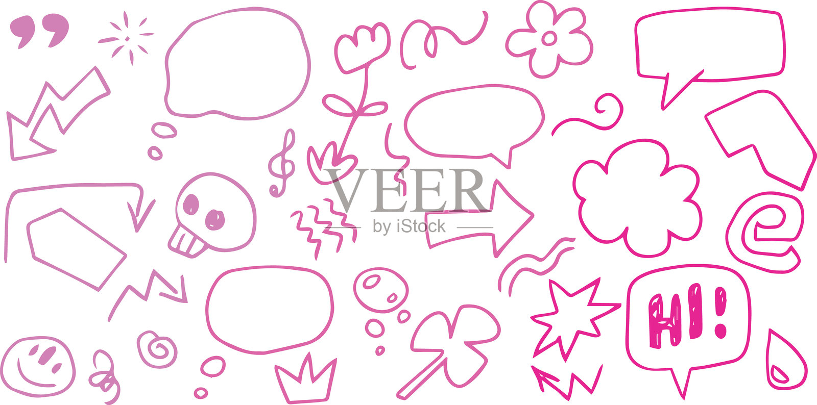 手绘图标，儿童绘画风格，粗糙风格图标集。人类颅骨、聊天气泡、花朵、文本信息“HI”、闪电、箭头。使用刷子绘制的粉色和紫色粗糙曲线。装饰性涂鸦图标。插画图片素材