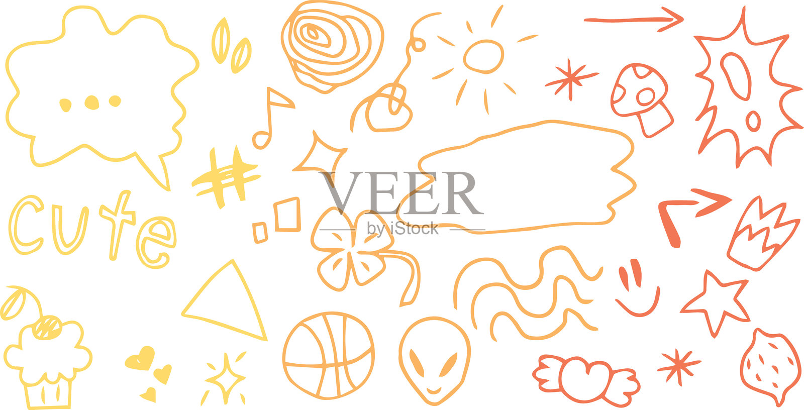 手绘图标，儿童绘画风格，粗糙风格图标集。篮球、可爱文字、聊天气泡、糕点、阳光、柠檬、三叶草、海浪、真菌。使用刷子绘制的黄色和橙色粗糙曲线。装饰性涂鸦图标。插画图片素材