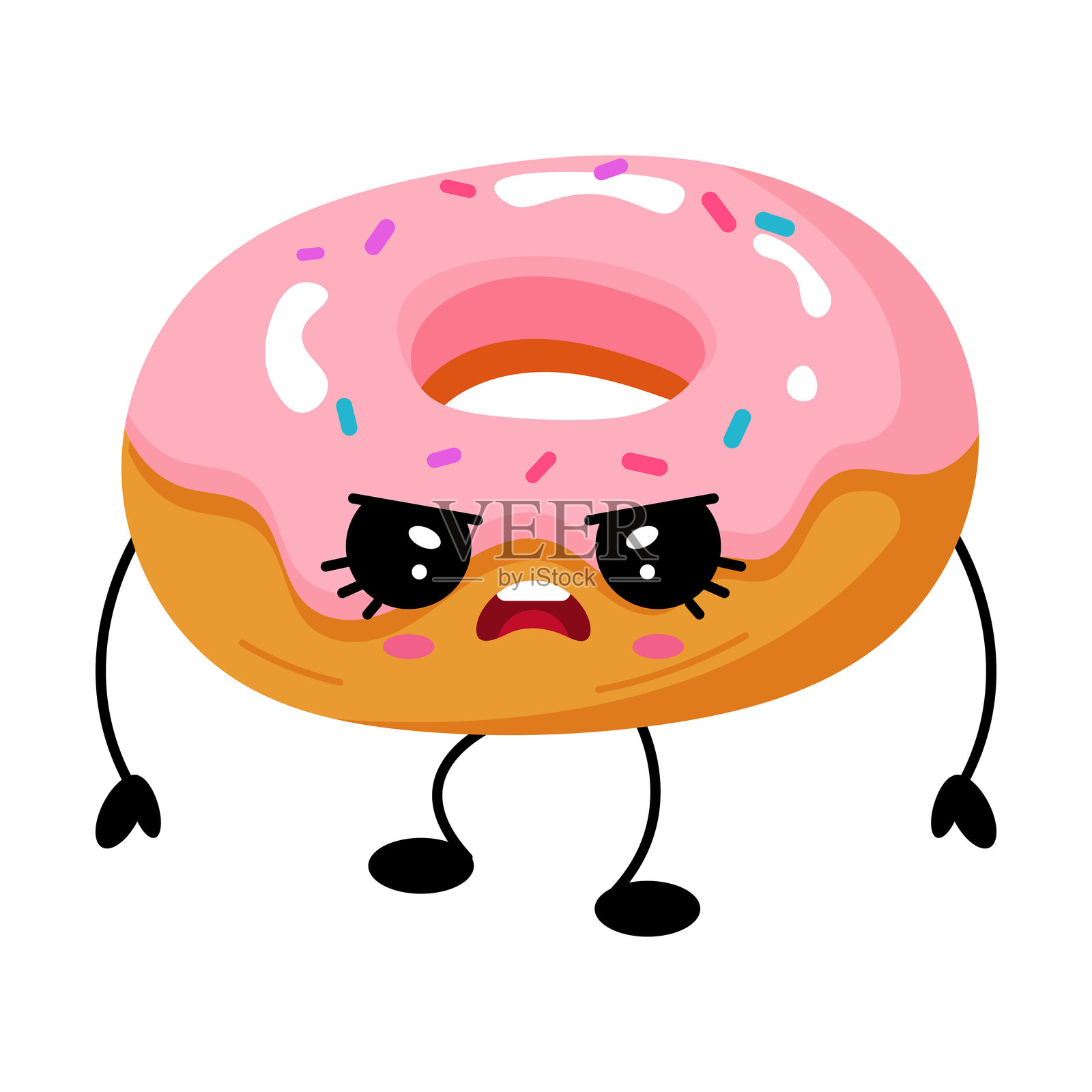 生气的可爱甜甜圈卡通，带有粉色糖霜和撒糖。插画图片素材