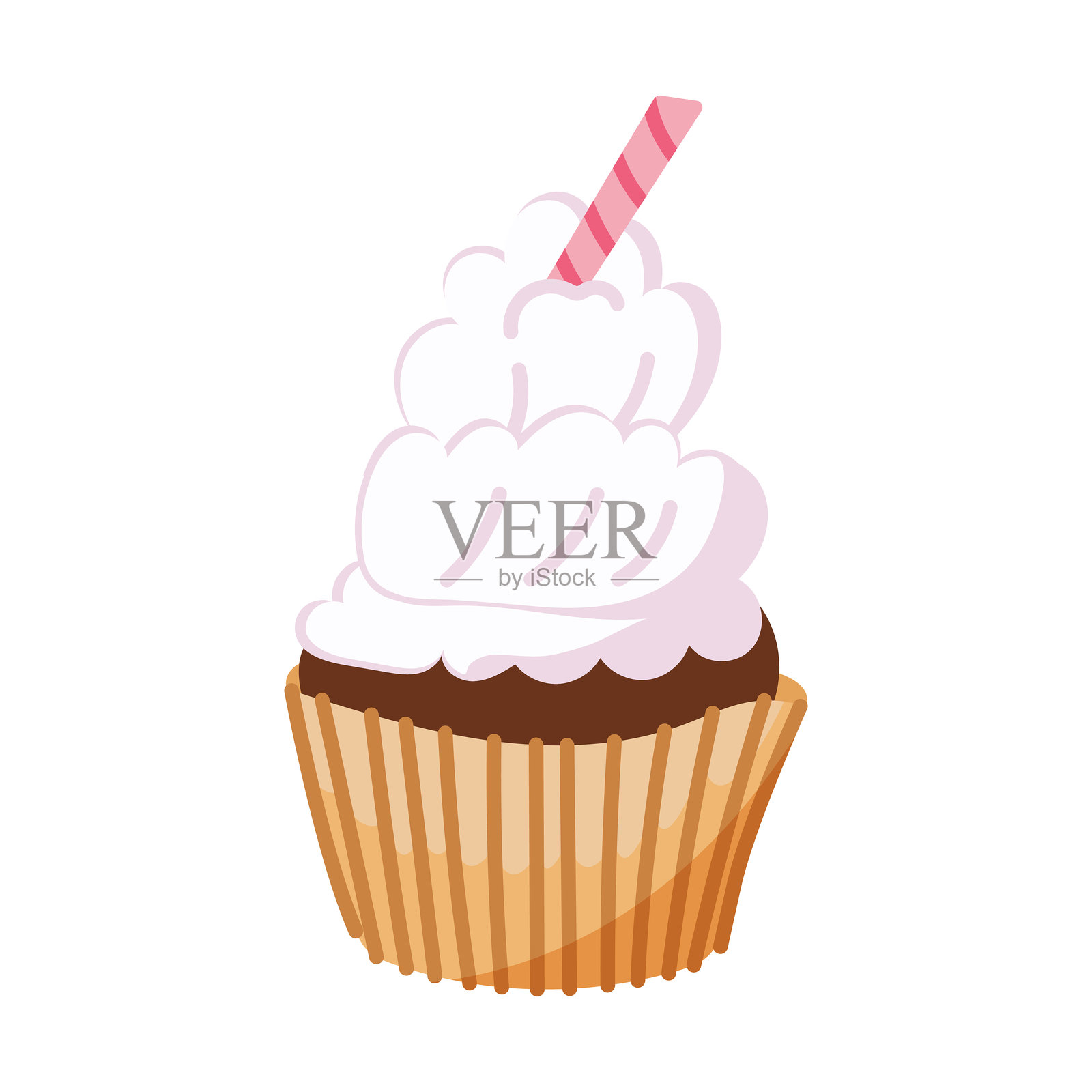 奶油顶饰的杯子蛋糕与条纹吸管插图插画图片素材