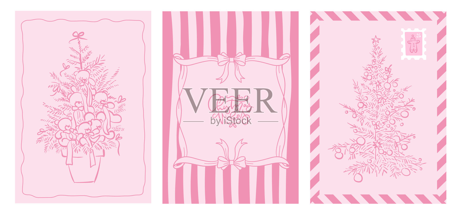 一套复古风格的贺卡，上面装饰着玩具熊和波浪形蝴蝶结的圣诞树。条纹背景上的丝带框架的矢量插图。复古可爱美学的矢量剪贴画。插画图片素材