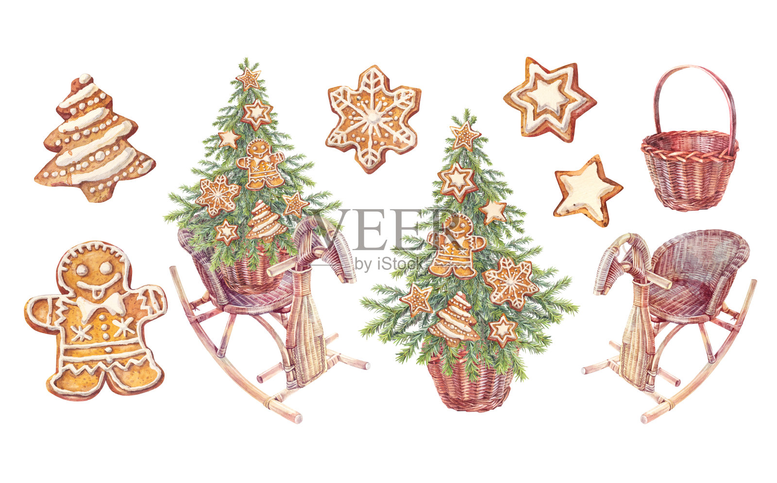 水彩画套装，包含圣诞树和姜饼，放在藤制摇马上，适合儿童，背景为白色。新年房间的玩具动物。适合庆祝的波西米亚风格室内装饰。壁纸插图。插画图片素材