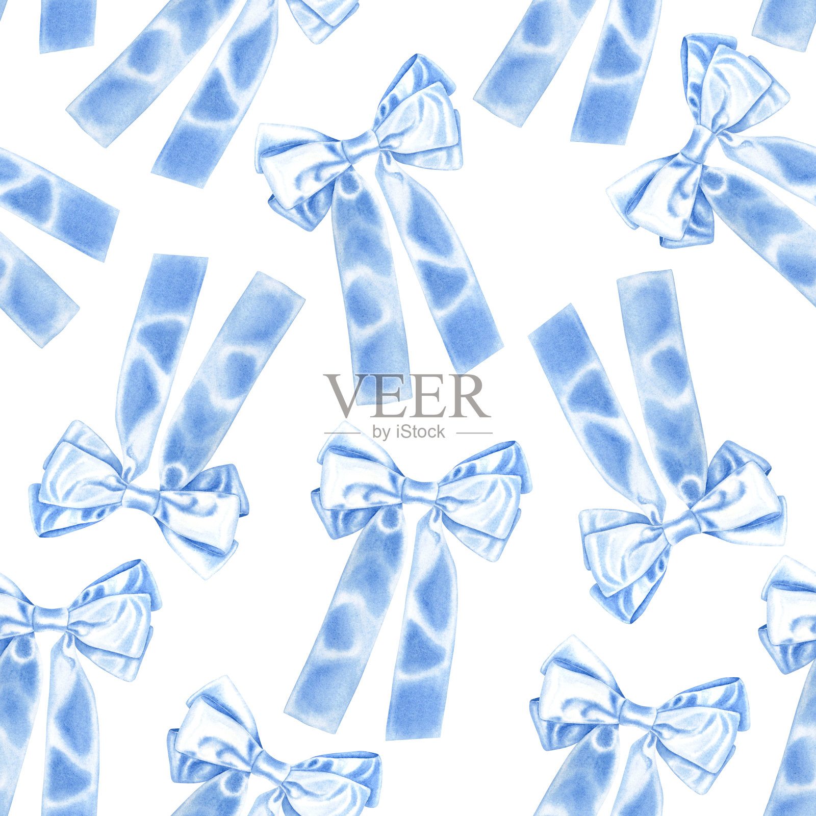 无缝图案，带有调皮的蓝色缎带蝴蝶结。手绘水彩插图，优雅的配饰，背景为白色。适用于包装纸、包装、壁纸、手机壳的背景。插画图片素材