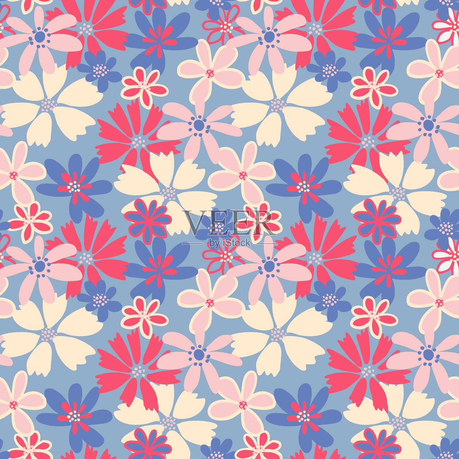 无缝矢量花卉图案，背景为浅色，色彩缤纷的花朵包括粉色、奶油色、红色和蓝色。明亮的植物设计适用于纺织品、装饰和包装。插画图片素材